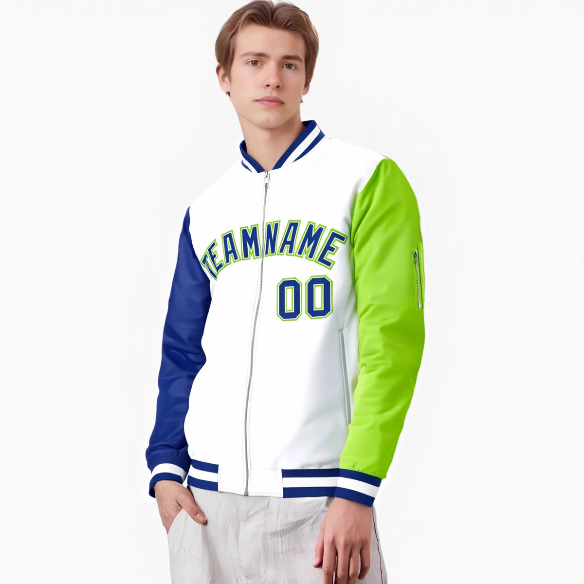 Custom White Neon Green-Royal Blue Varsity Full-Zip Raglan Sleeves Letterman Bomber Jacket
