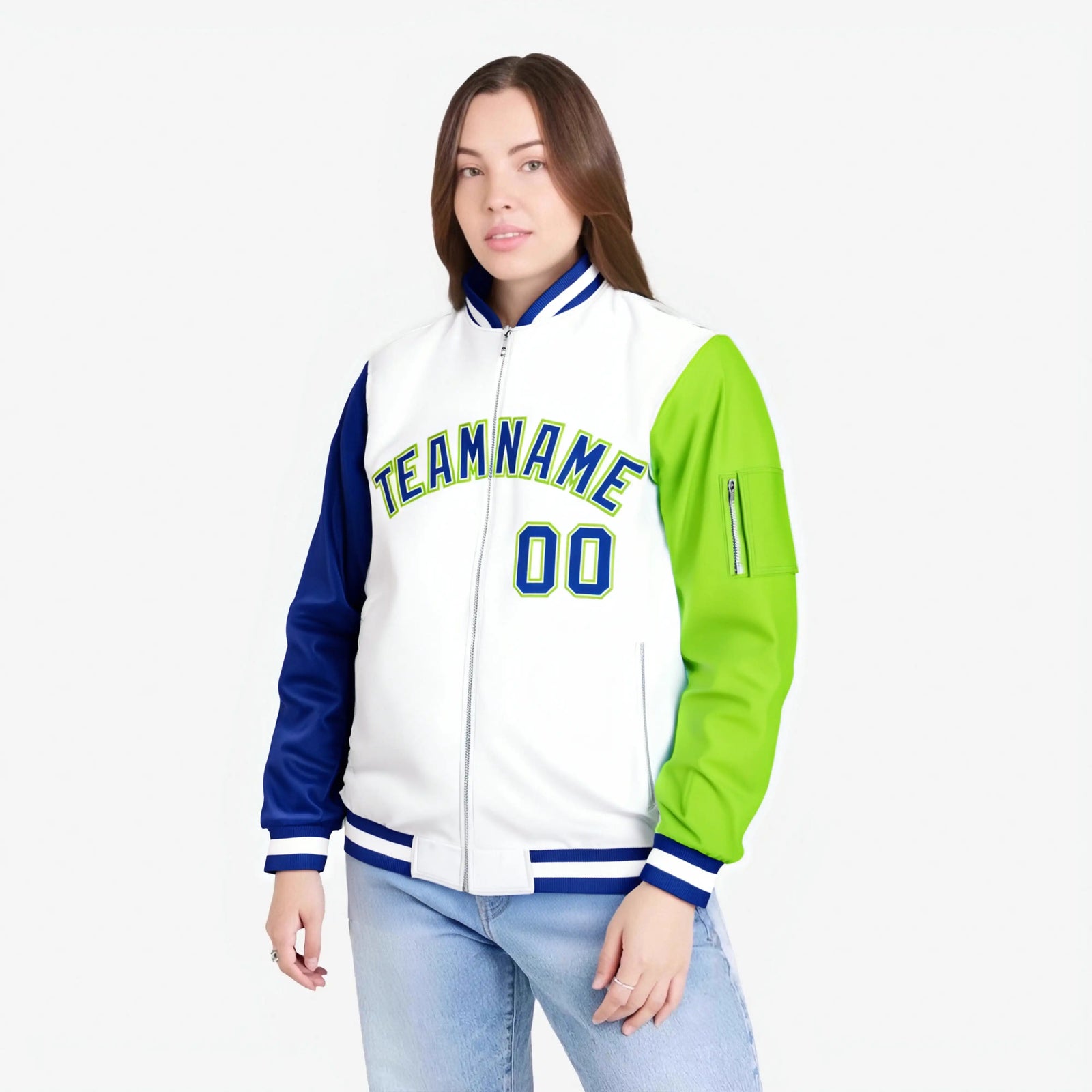 Custom White Neon Green-Royal Blue Varsity Full-Zip Raglan Sleeves Letterman Bomber Jacket