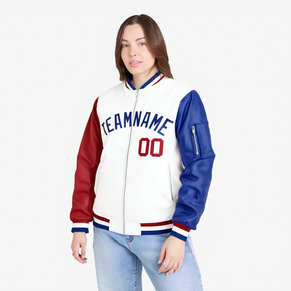 Custom White Royal Blue-Red Varsity Full-Zip Raglan Sleeves Letterman Bomber Jacket