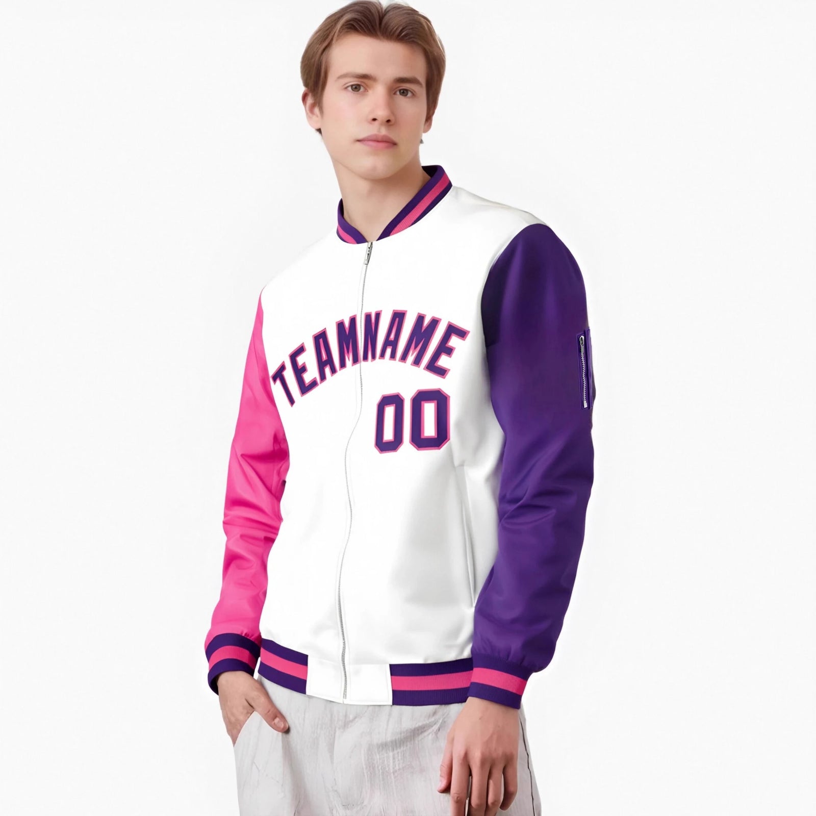 Custom White Purple-Pink Varsity Full-Zip Raglan Sleeves Letterman Bomber Jacket