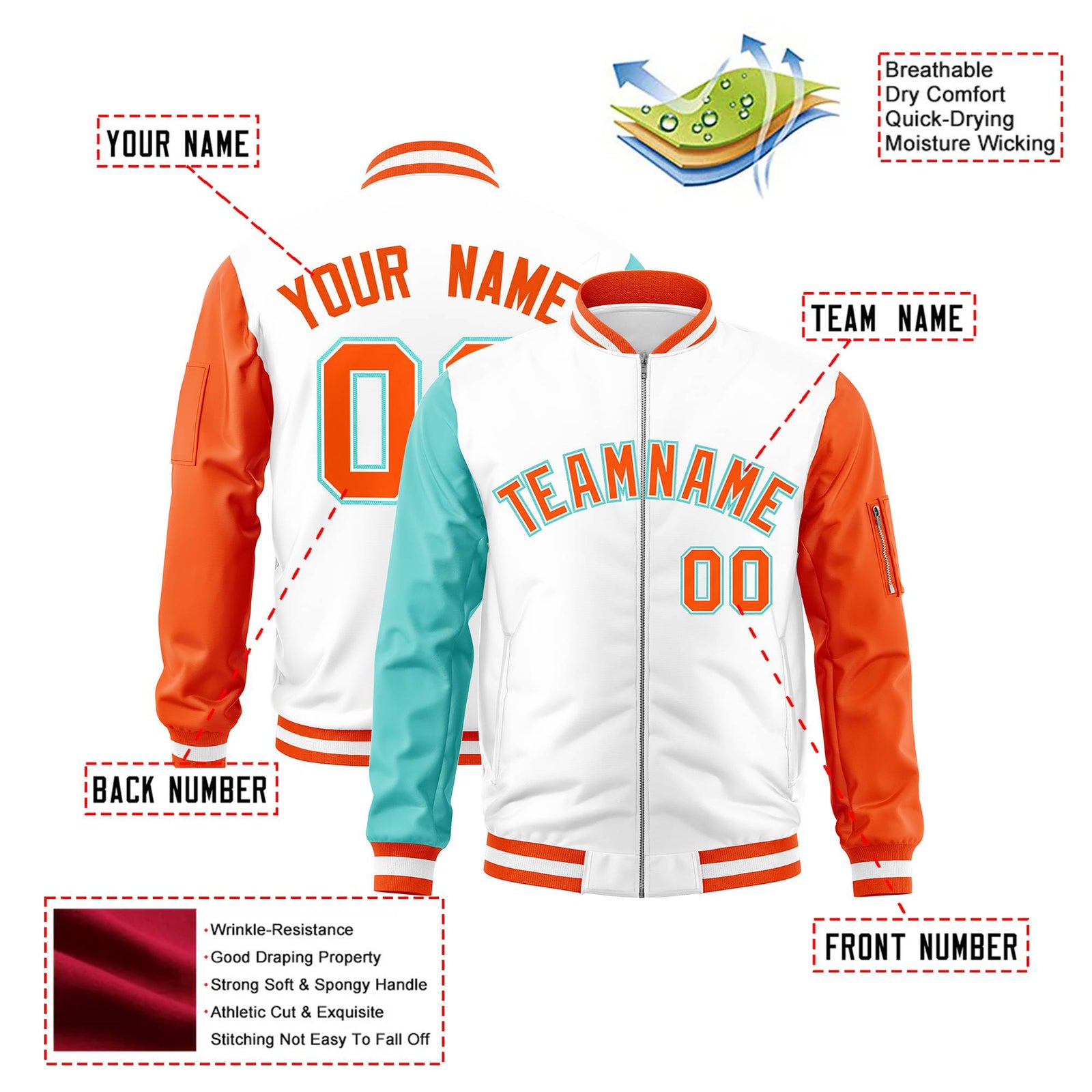 Custom White Orange-Aqua Varsity Full-Zip Raglan Sleeves Letterman Bomber Jacket