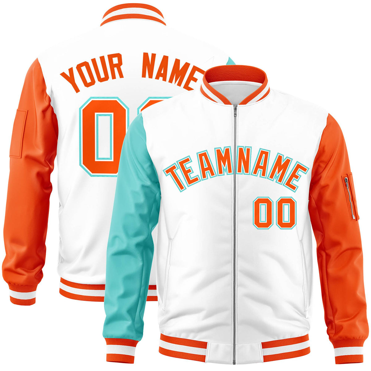 Custom White Orange-Aqua Varsity Full-Zip Raglan Sleeves Letterman Bomber Jacket