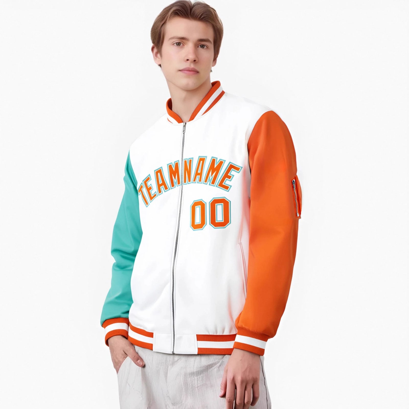 Custom White Orange-Aqua Varsity Full-Zip Raglan Sleeves Letterman Bomber Jacket