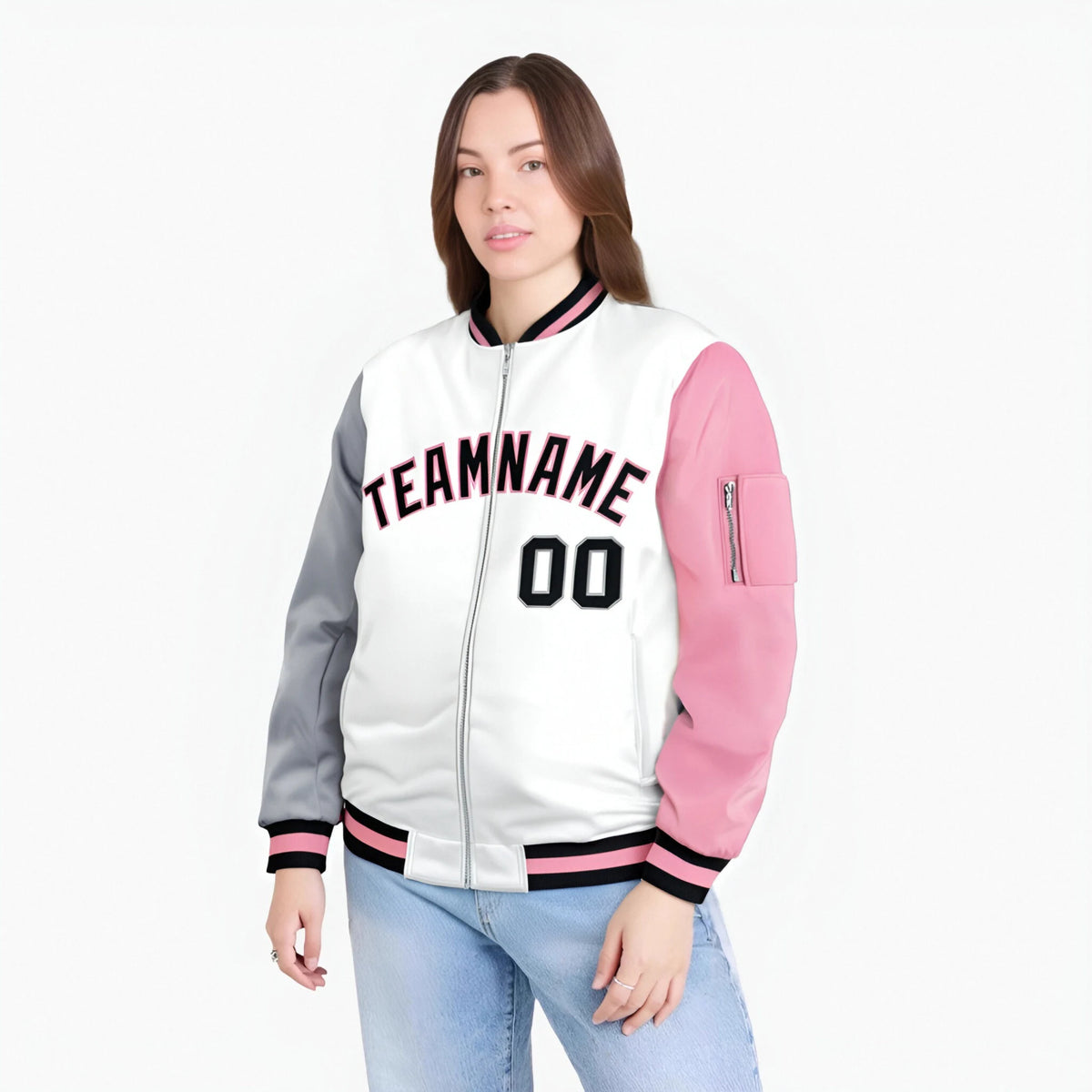 Custom White Light Pink-Gray Varsity Full-Zip Raglan Sleeves Letterman Bomber Jacket
