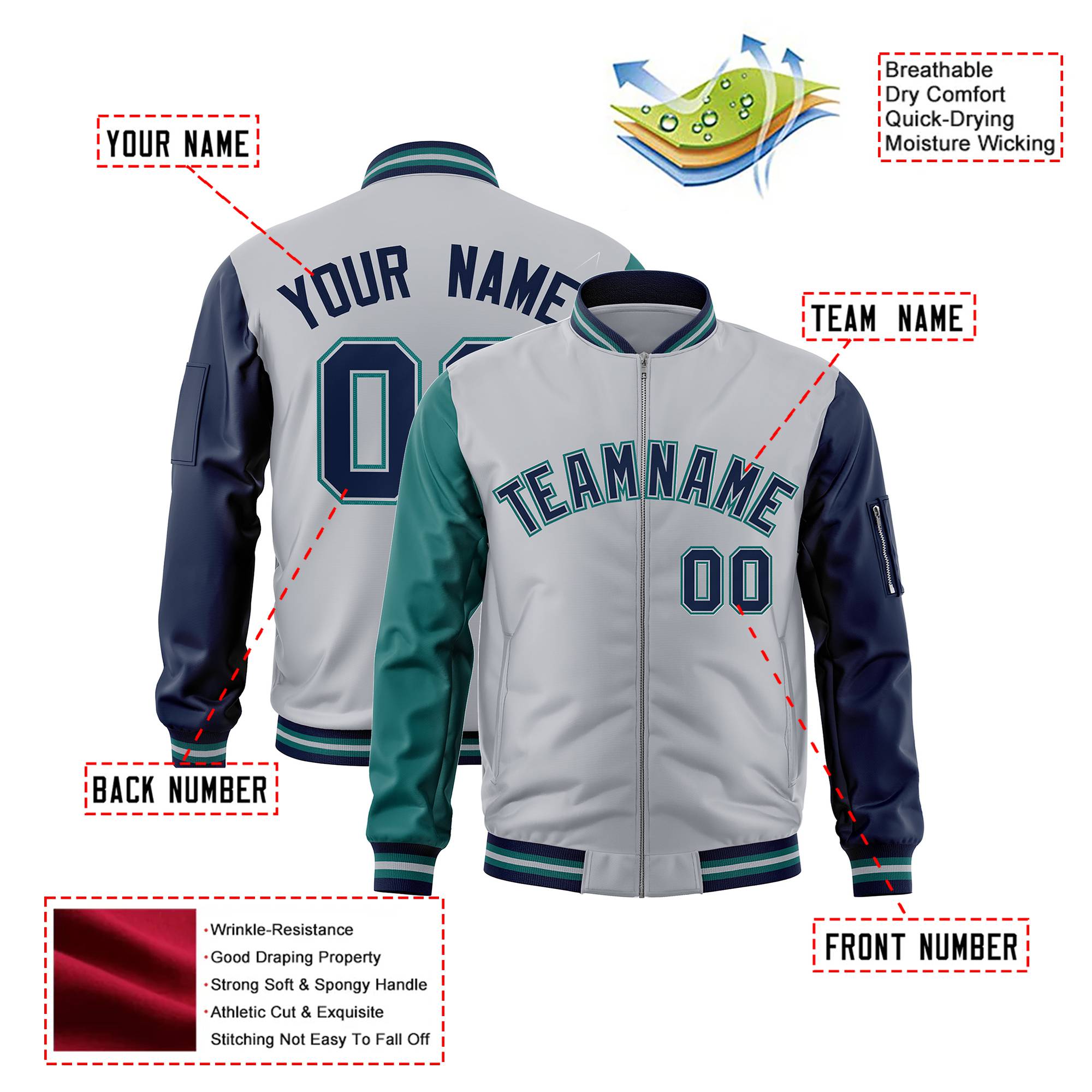 Custom White Navy-Aqua Varsity Full-Zip Raglan Sleeves Letterman Bomber Jacket