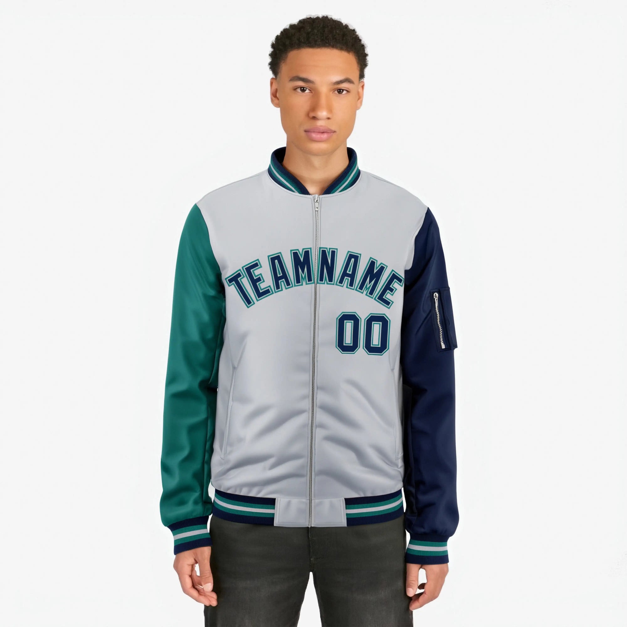 Custom White Navy-Aqua Varsity Full-Zip Raglan Sleeves Letterman Bomber Jacket