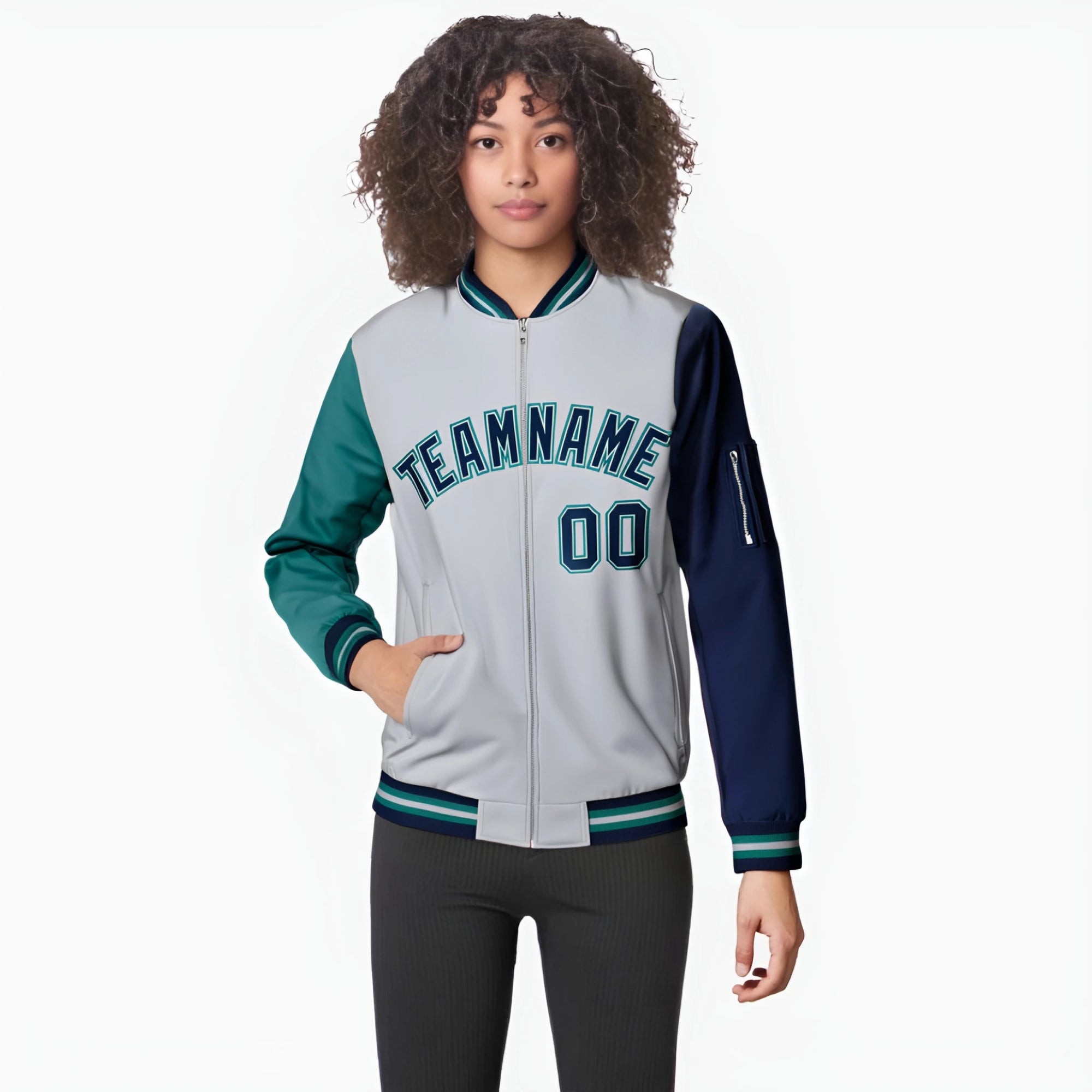 Custom White Navy-Aqua Varsity Full-Zip Raglan Sleeves Letterman Bomber Jacket