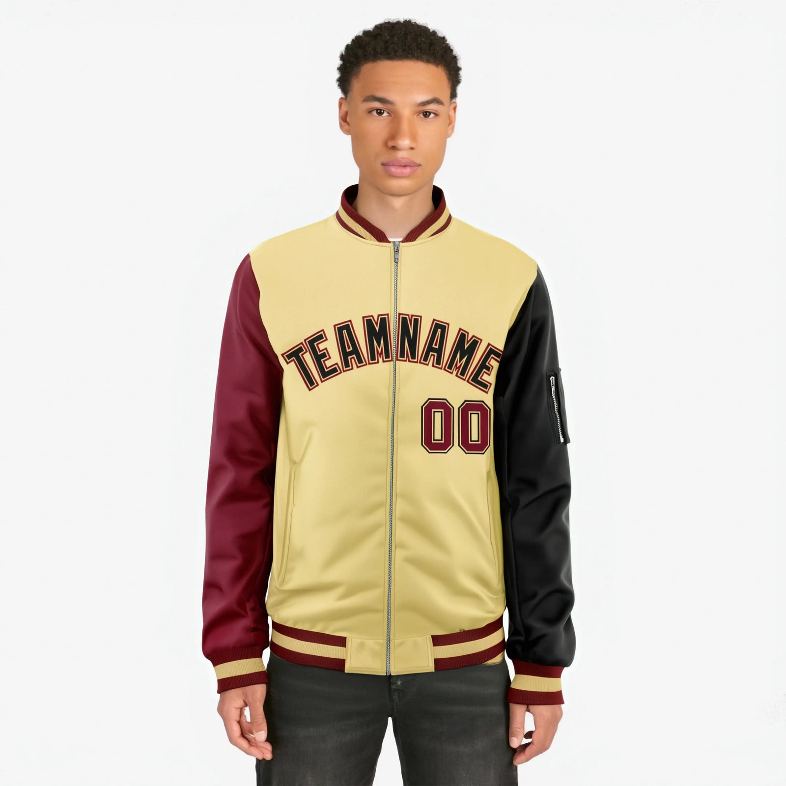 Custom Khaki Black-Crimson Varsity Full-Zip Raglan Sleeves Letterman Bomber Jacket