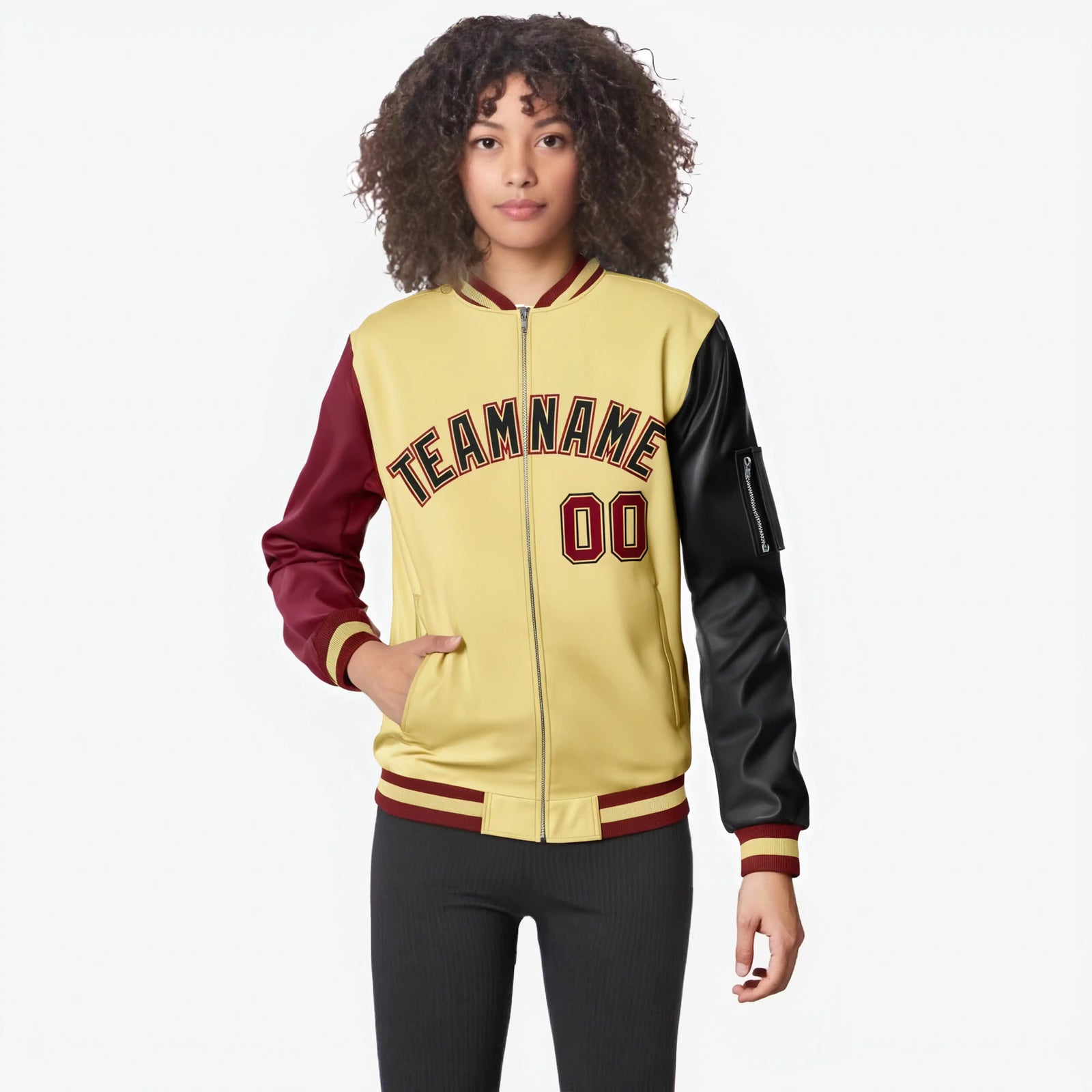 Custom Khaki Black-Crimson Varsity Full-Zip Raglan Sleeves Letterman Bomber Jacket