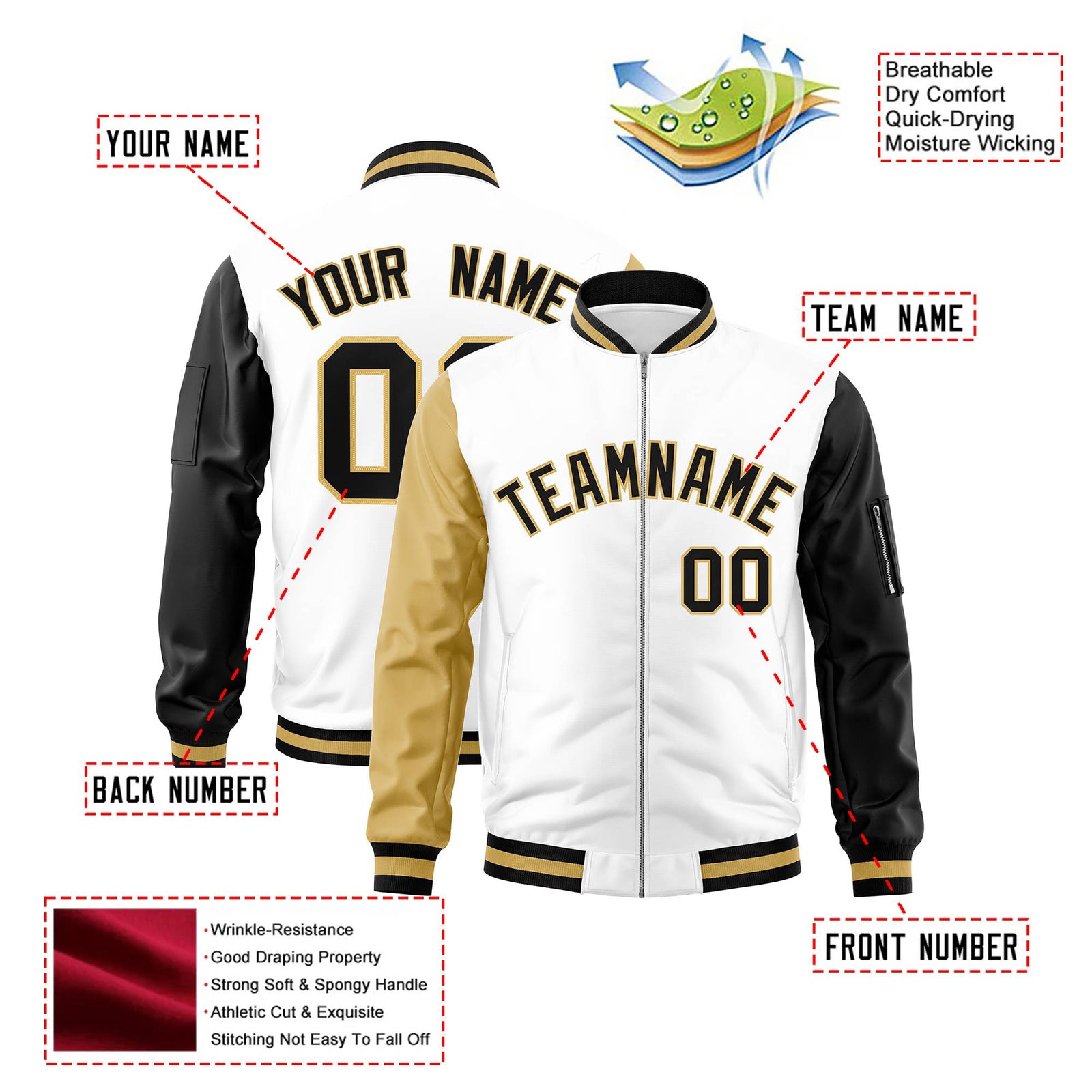 Custom White Black-Khaki Varsity Full-Zip Raglan Sleeves Letterman Bomber Jacket