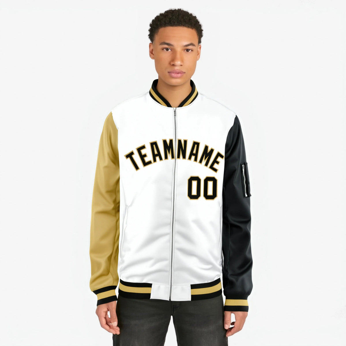 Custom White Black-Khaki Varsity Full-Zip Raglan Sleeves Letterman Bomber Jacket
