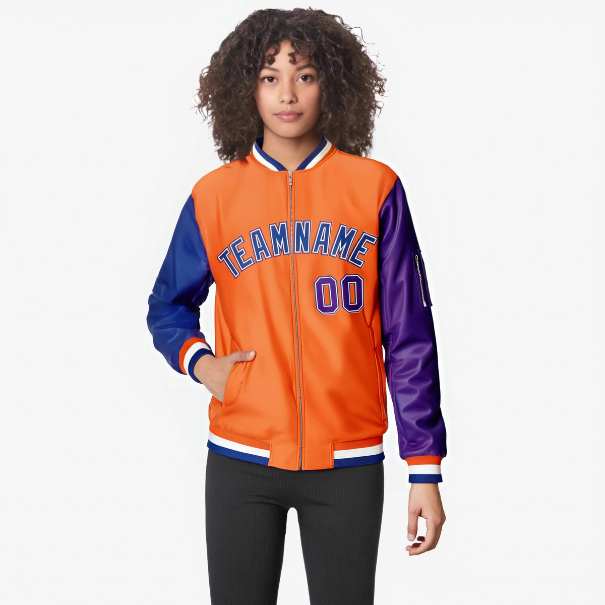 Custom Orange Purple-Royal Blue Varsity Full-Zip Raglan Sleeves Letterman Bomber Jacket