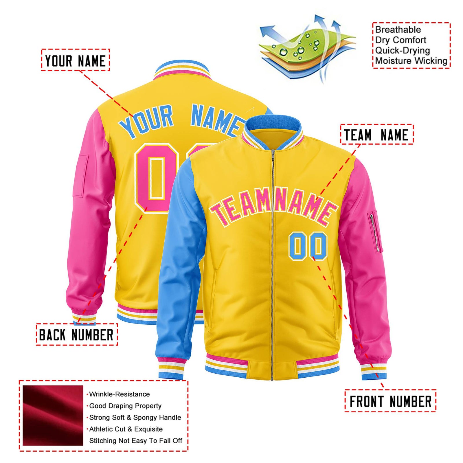 Custom Gold Pink-Powder Blue Varsity Full-Zip Raglan Sleeves Letterman Bomber Jacket