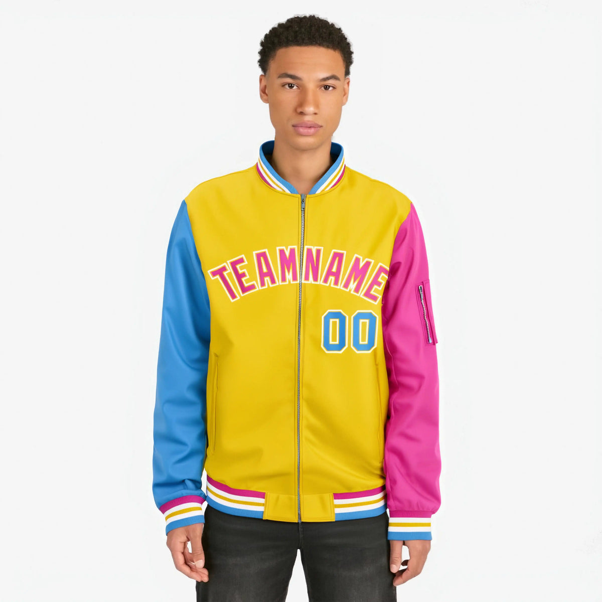 Custom Gold Pink-Powder Blue Varsity Full-Zip Raglan Sleeves Letterman Bomber Jacket
