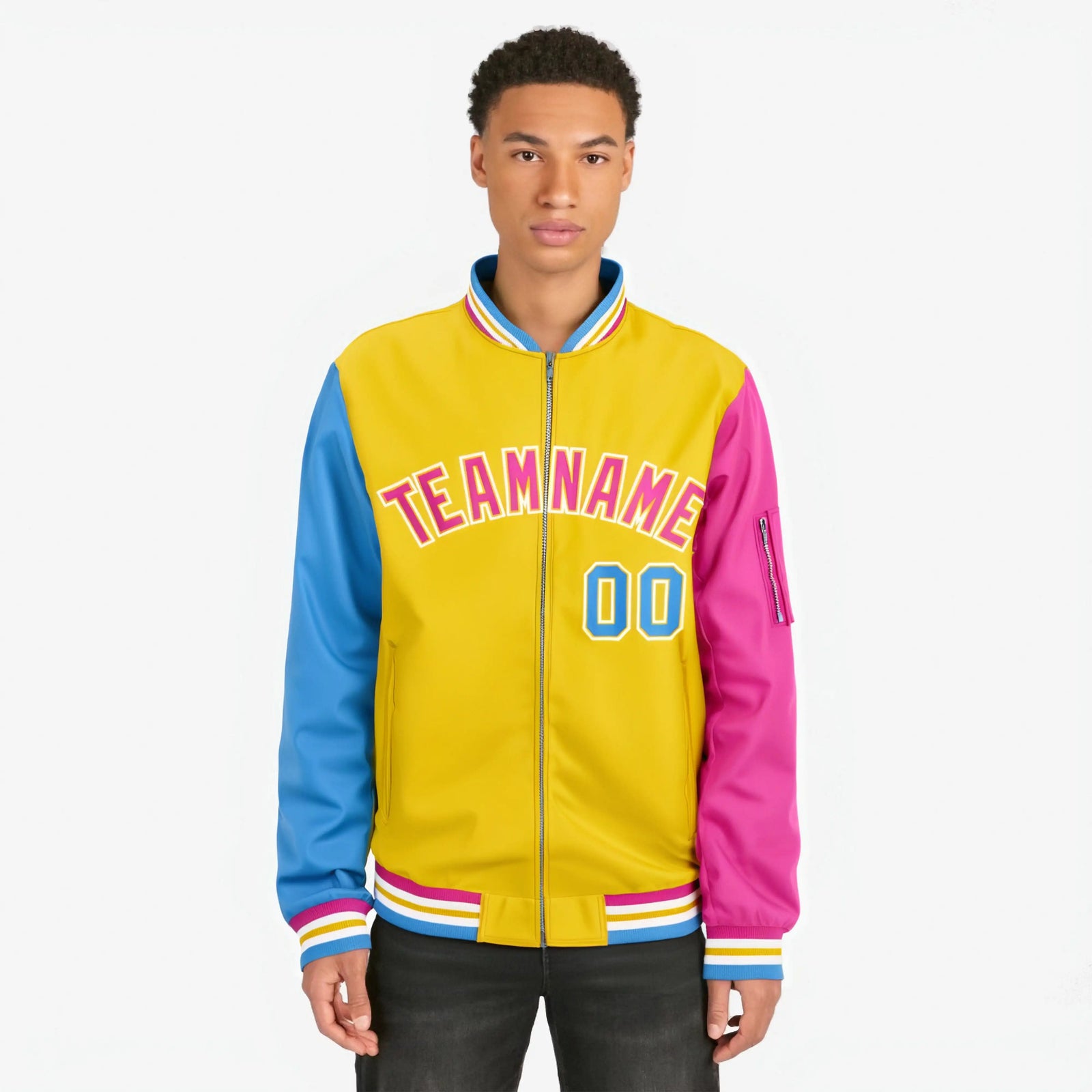 Custom Gold Pink-Powder Blue Varsity Full-Zip Raglan Sleeves Letterman Bomber Jacket