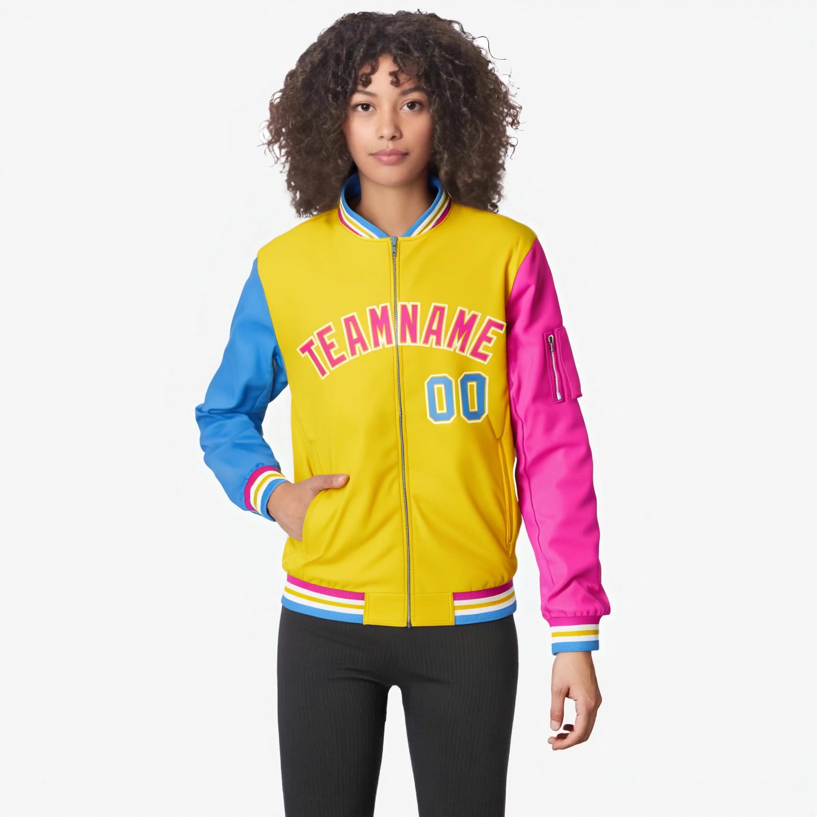 Custom Gold Pink-Powder Blue Varsity Full-Zip Raglan Sleeves Letterman Bomber Jacket