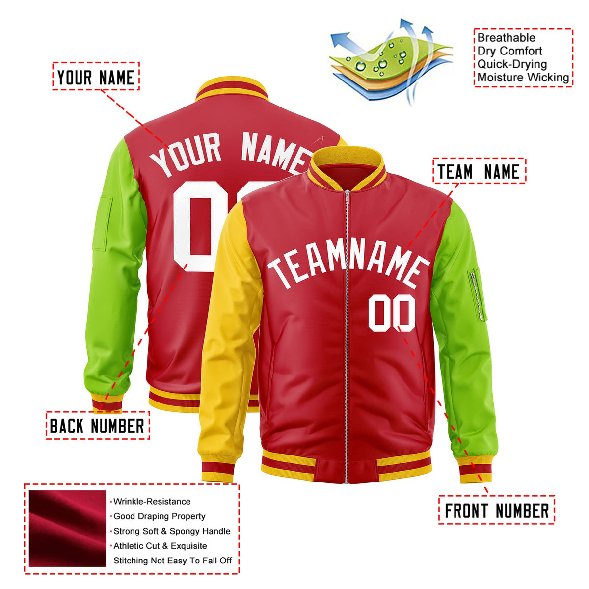 Custom Red Neon Green-Gold Varsity Full-Zip Raglan Sleeves Letterman Bomber Jacket
