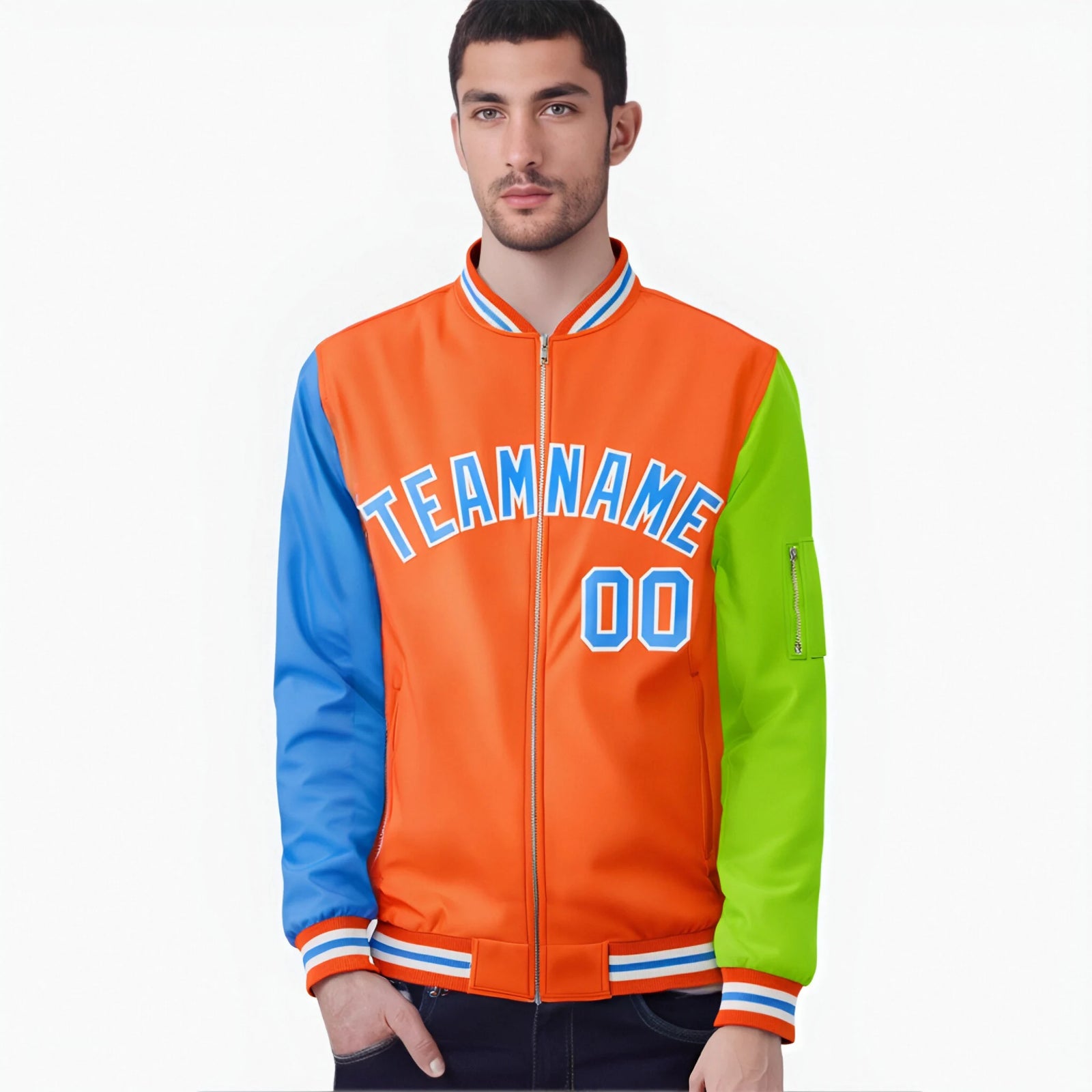 Custom Orange Neon Green-Powder Blue Varsity Full-Zip Raglan Sleeves Letterman Bomber Jacket