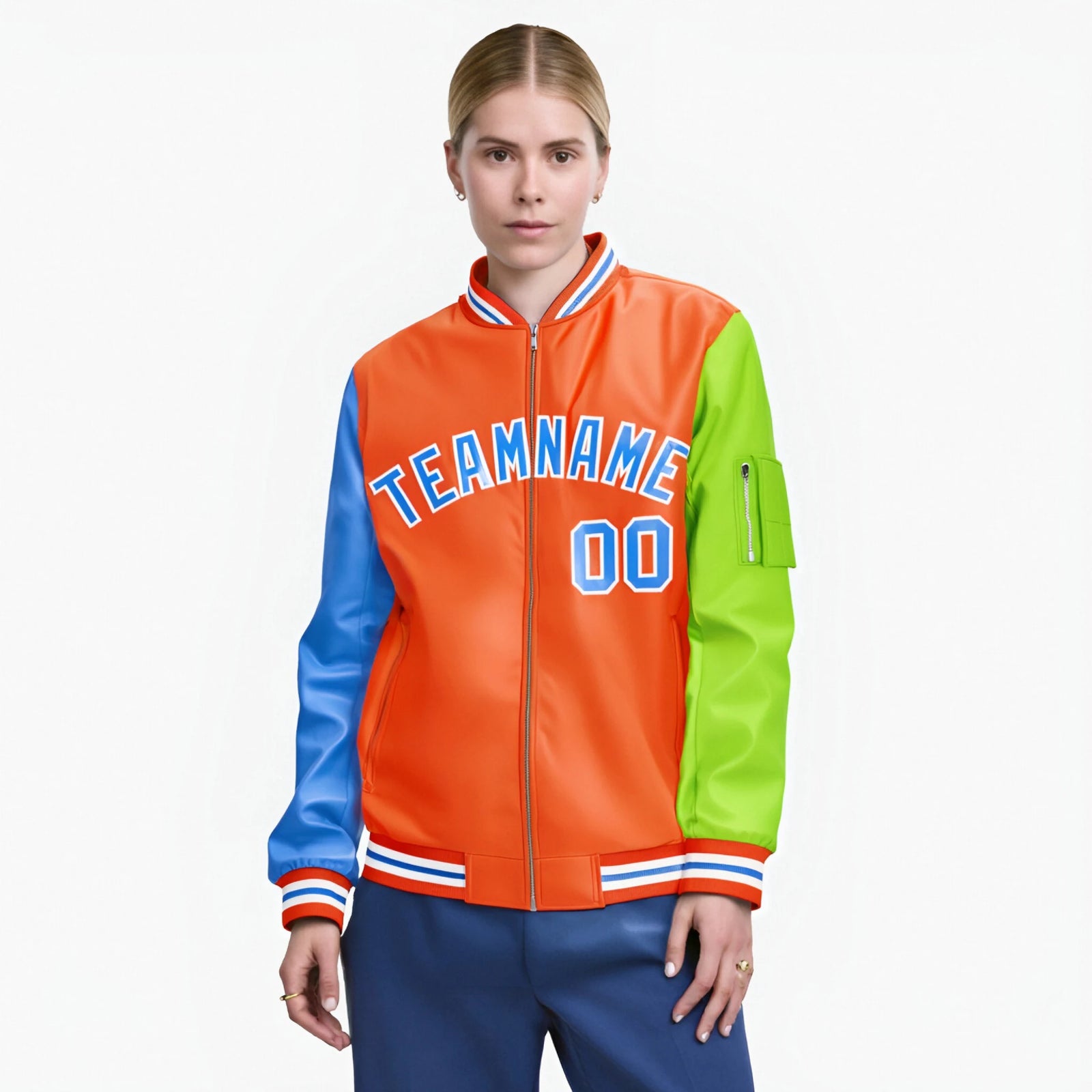 Custom Orange Neon Green-Powder Blue Varsity Full-Zip Raglan Sleeves Letterman Bomber Jacket