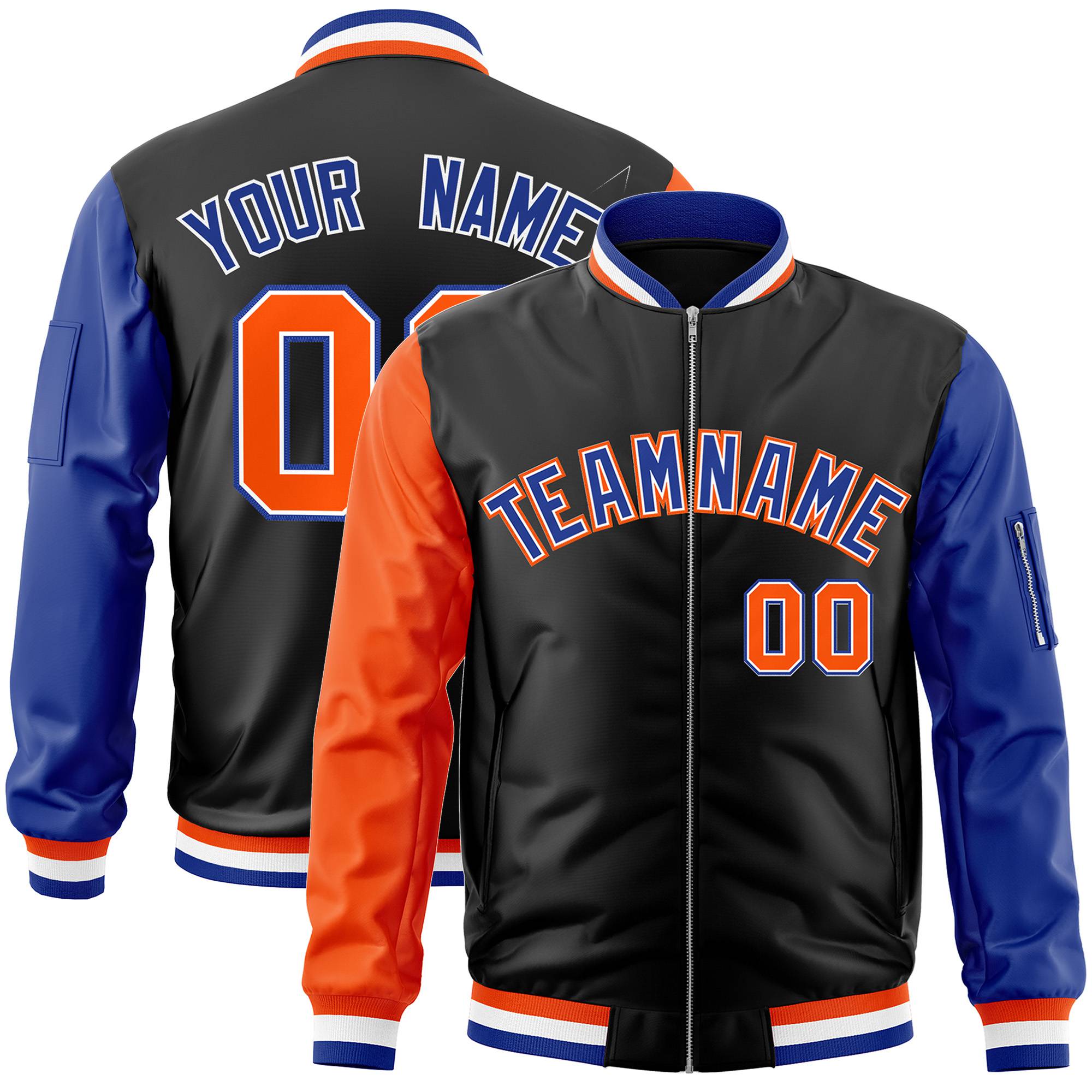 Custom Black Royal Blue-Orange Varsity Full-Zip Raglan Sleeves Letterman Bomber Jacket