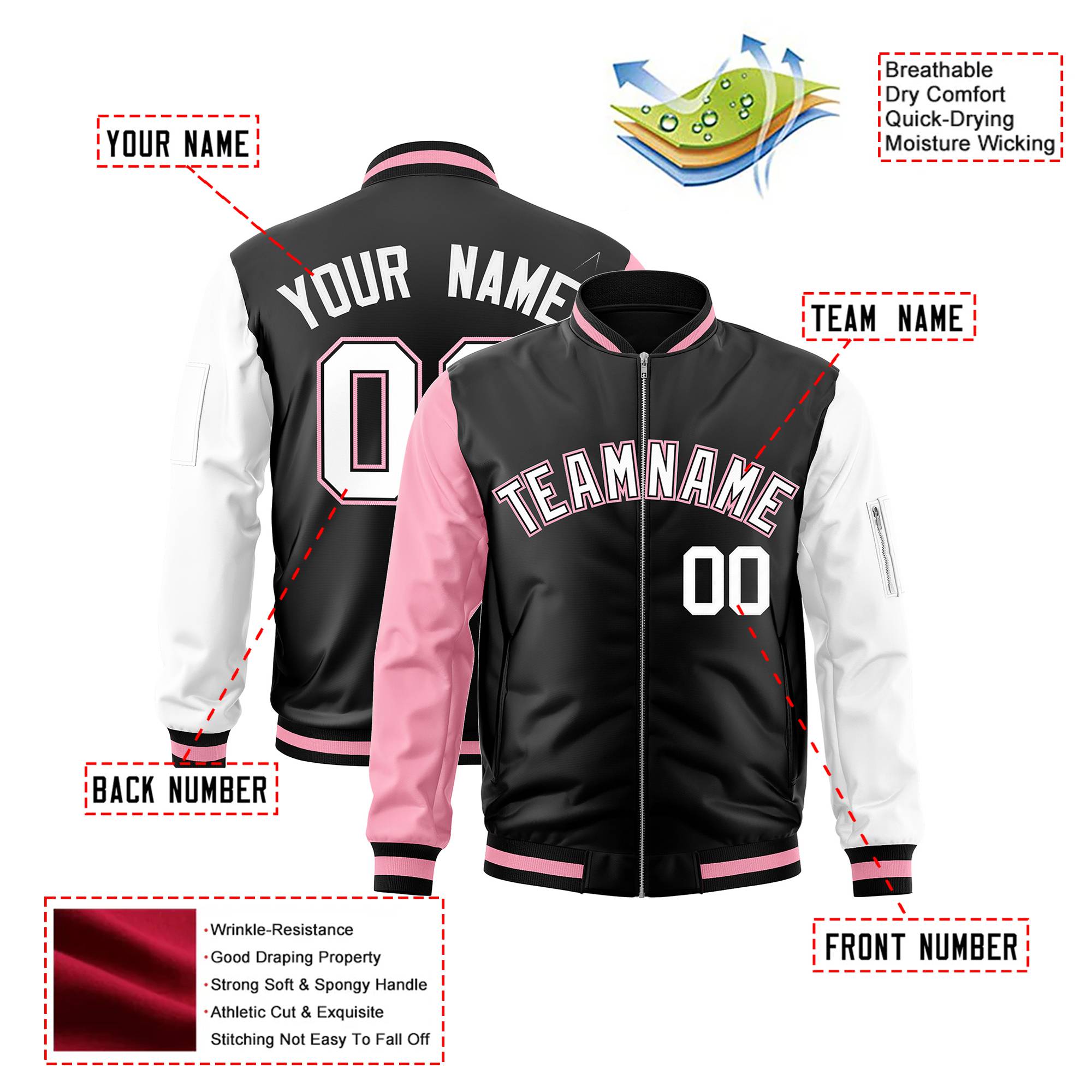 Custom Black White-Light Pink Varsity Full-Zip Raglan Sleeves Letterman Bomber Jacket