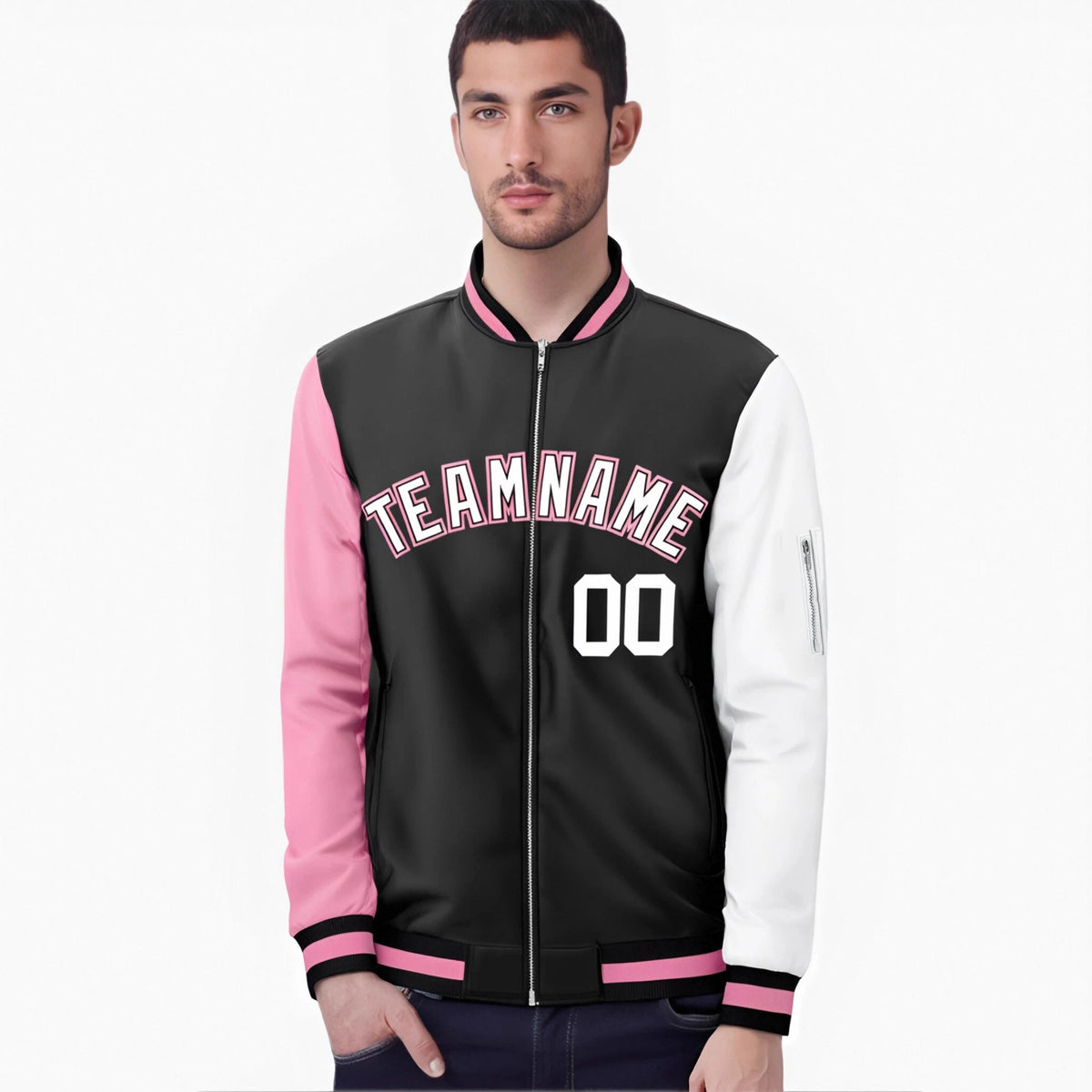Custom Black White-Light Pink Varsity Full-Zip Raglan Sleeves Letterman Bomber Jacket