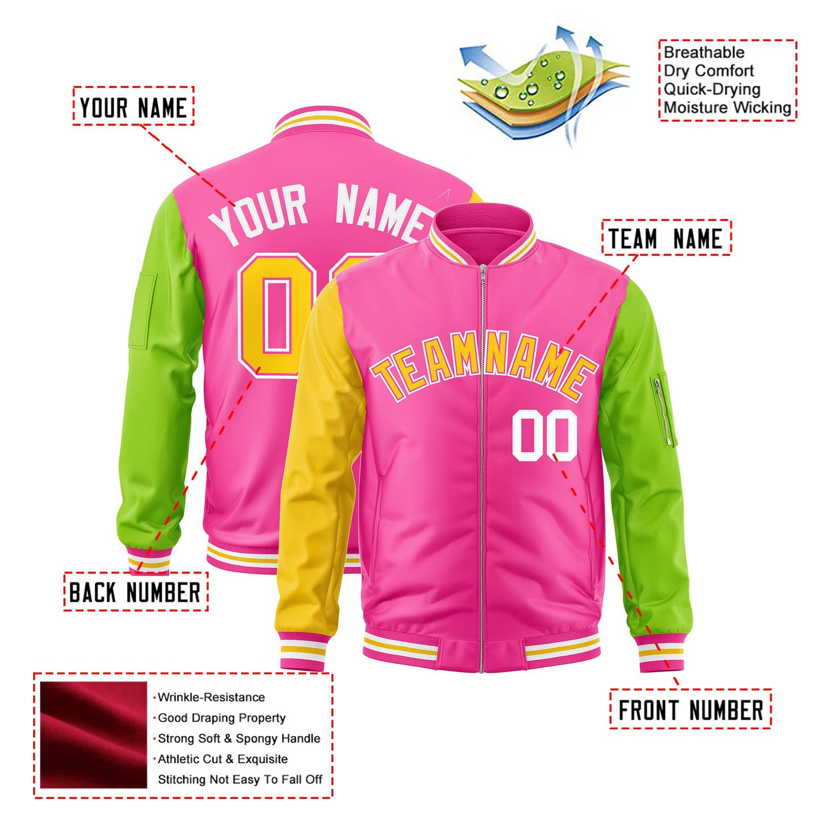Custom Pink Neon Green-Gold Varsity Full-Zip Raglan Sleeves Letterman Bomber Jacket
