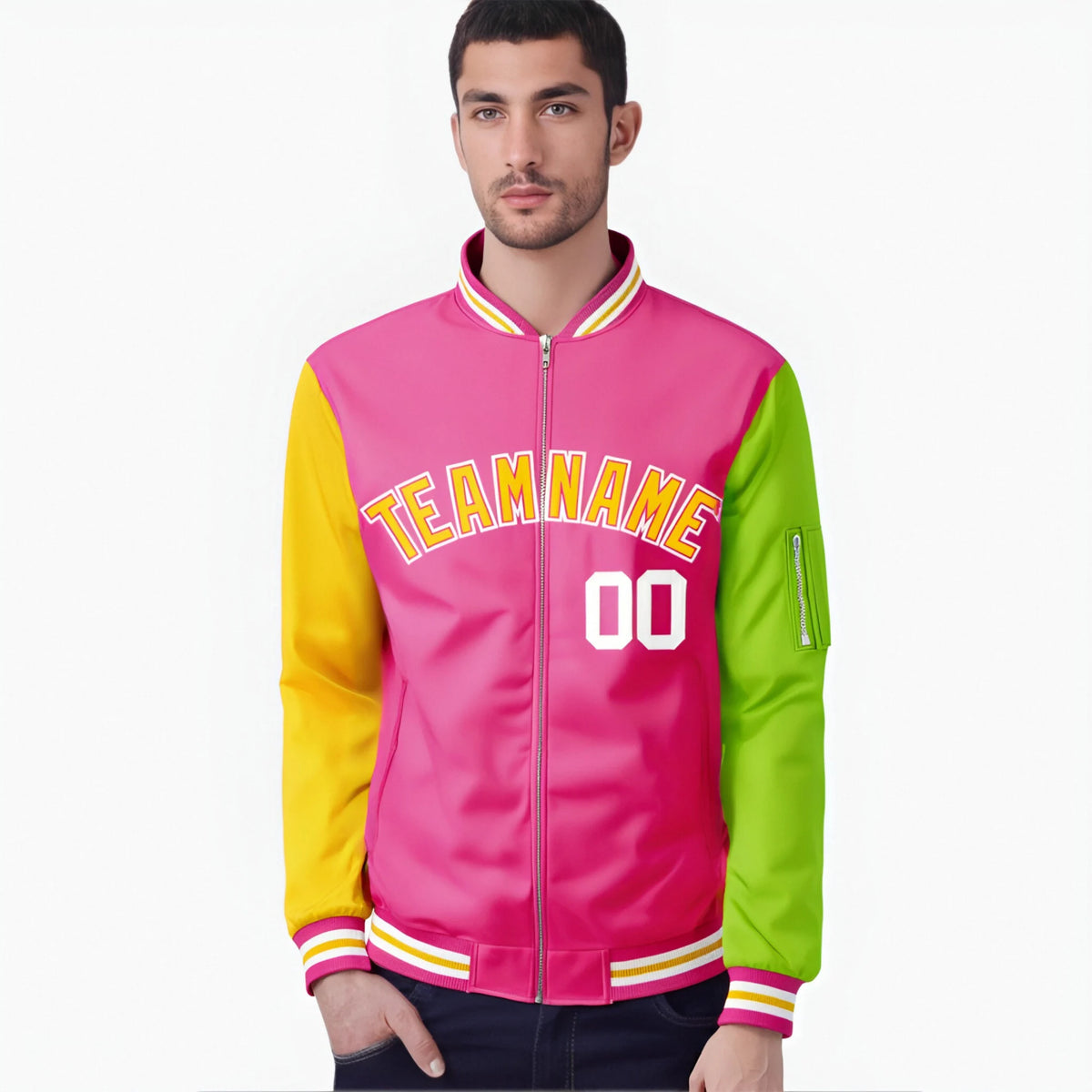 Custom Pink Neon Green-Gold Varsity Full-Zip Raglan Sleeves Letterman Bomber Jacket