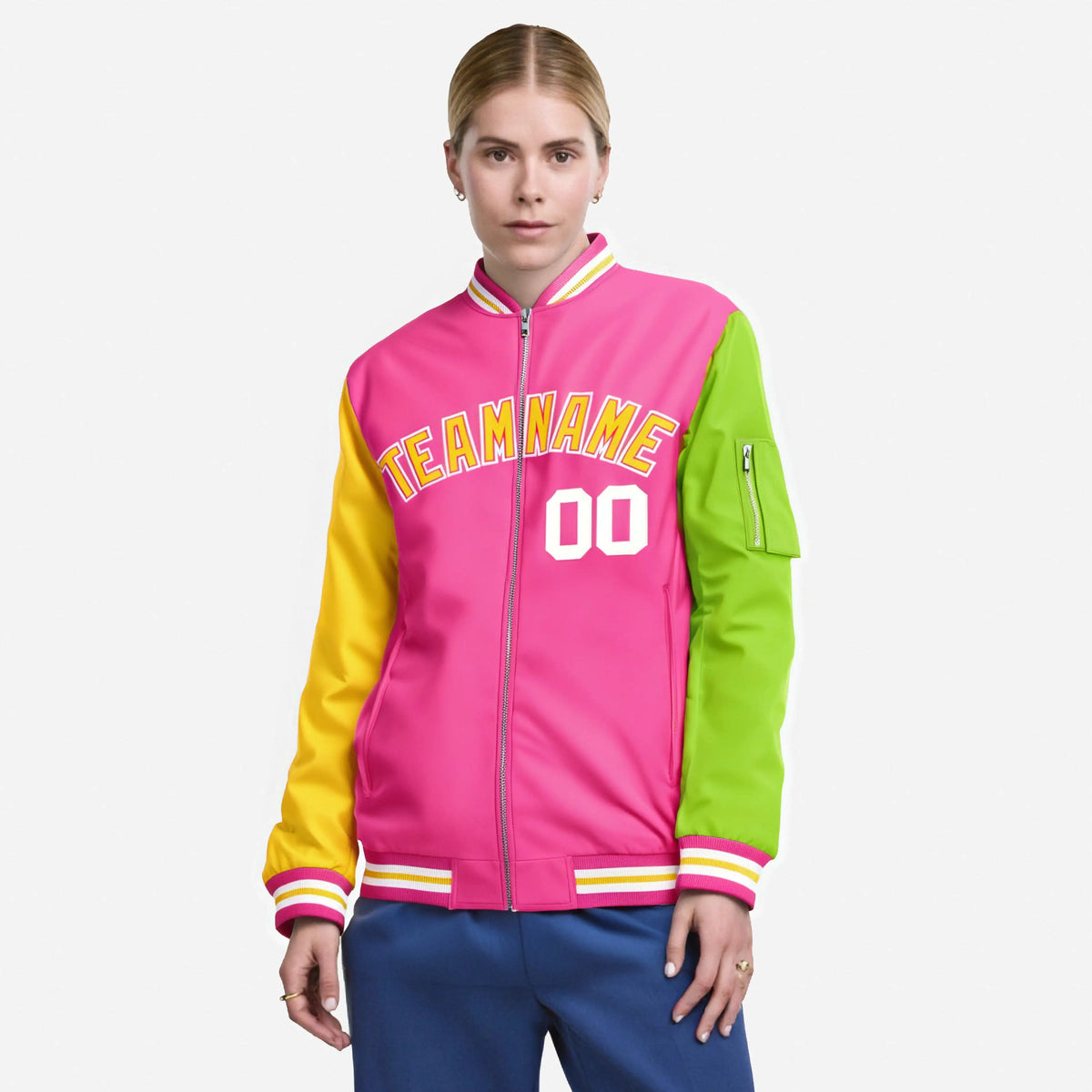 Custom Pink Neon Green-Gold Varsity Full-Zip Raglan Sleeves Letterman Bomber Jacket