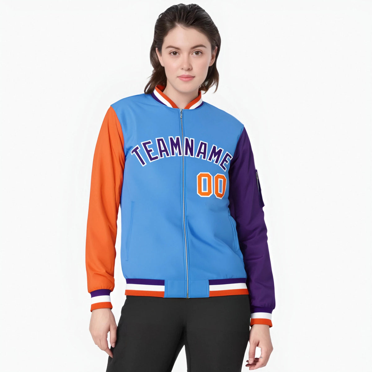 Custom Powder Blue Purple-Orange Varsity Full-Zip Raglan Sleeves Letterman Bomber Jacket