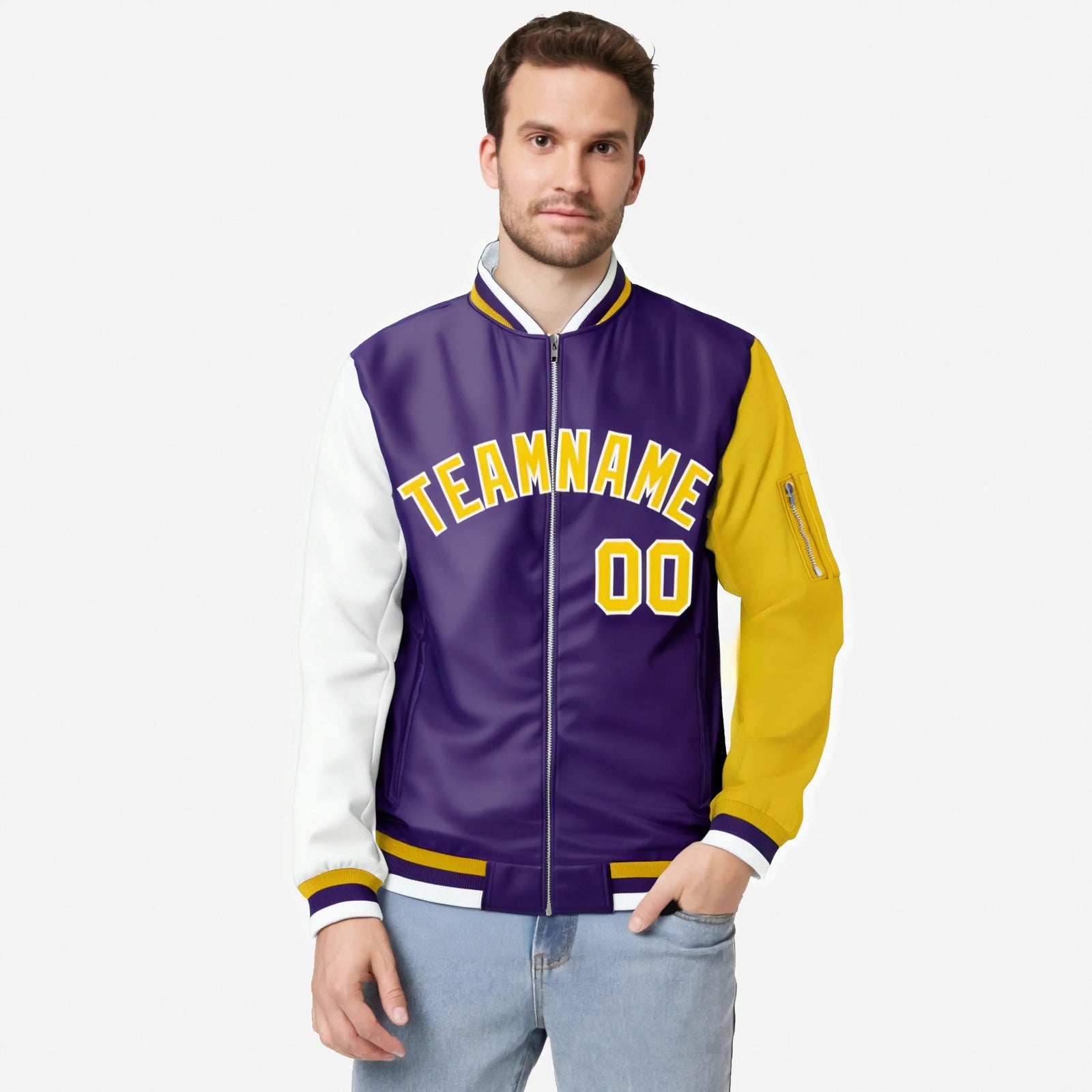 Custom Purple Gold-White Varsity Full-Zip Raglan Sleeves Letterman Bomber Jacket