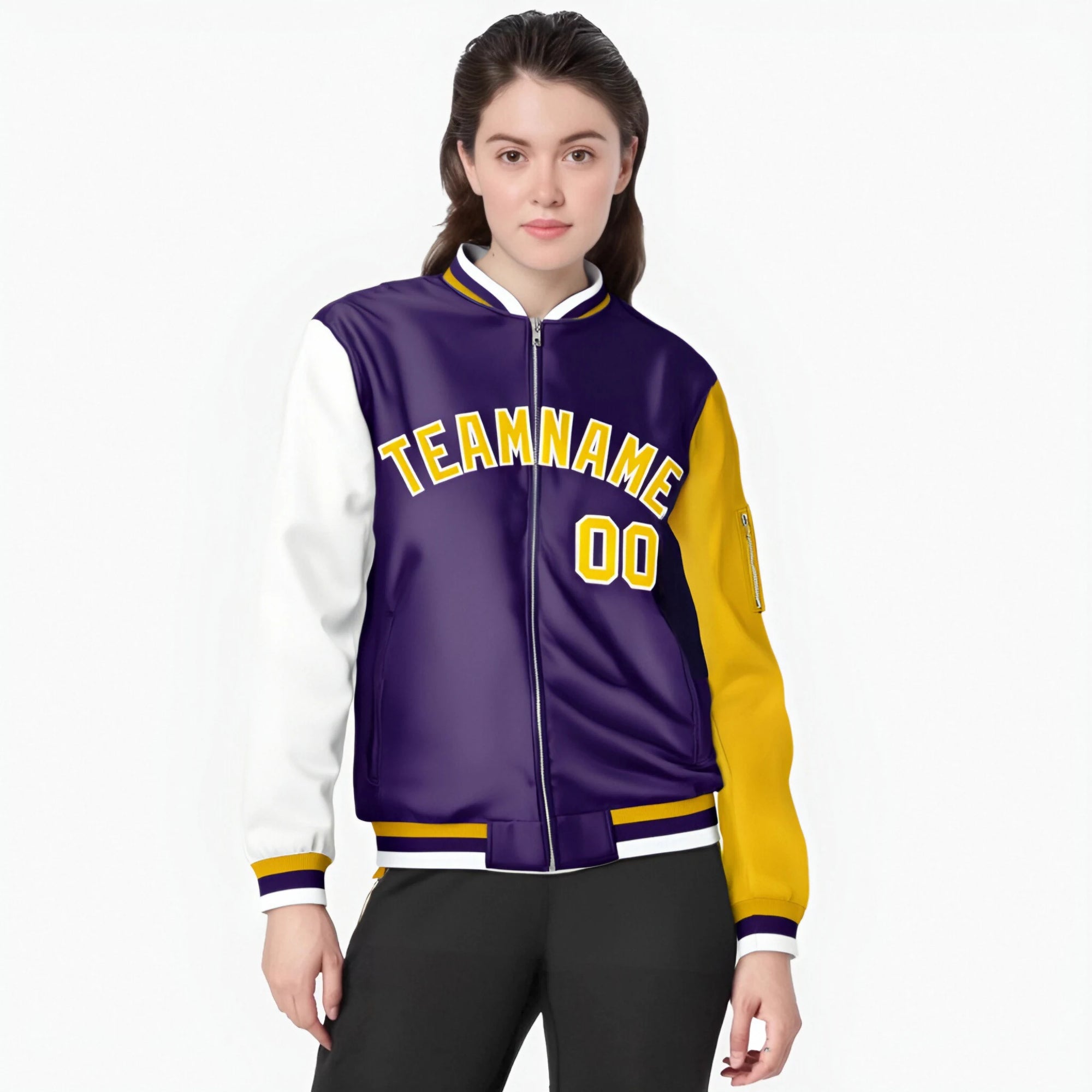 Custom Purple Gold-White Varsity Full-Zip Raglan Sleeves Letterman Bomber Jacket