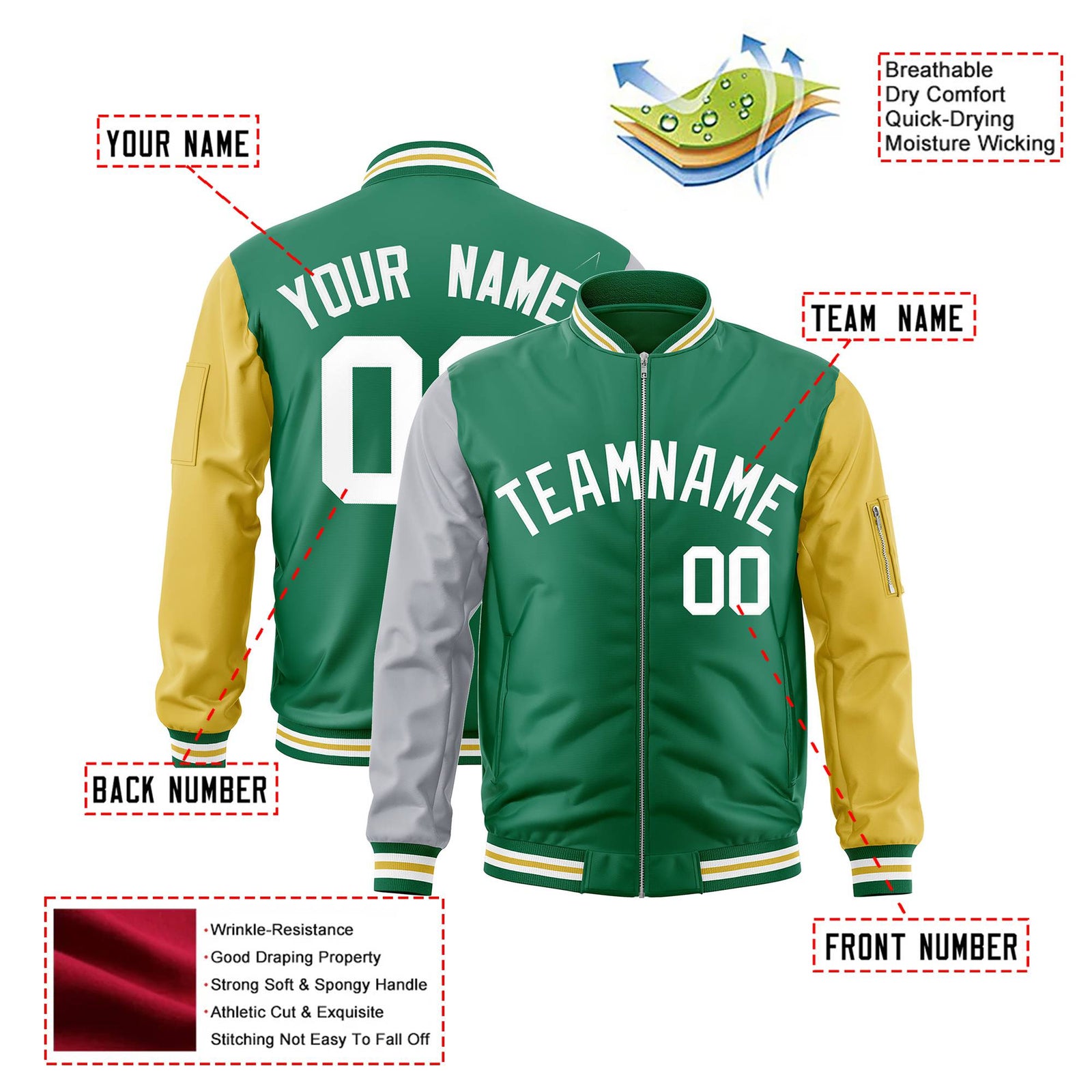Custom Kelly Green Gold-Gray Varsity Full-Zip Raglan Sleeves Letterman Bomber Jacket