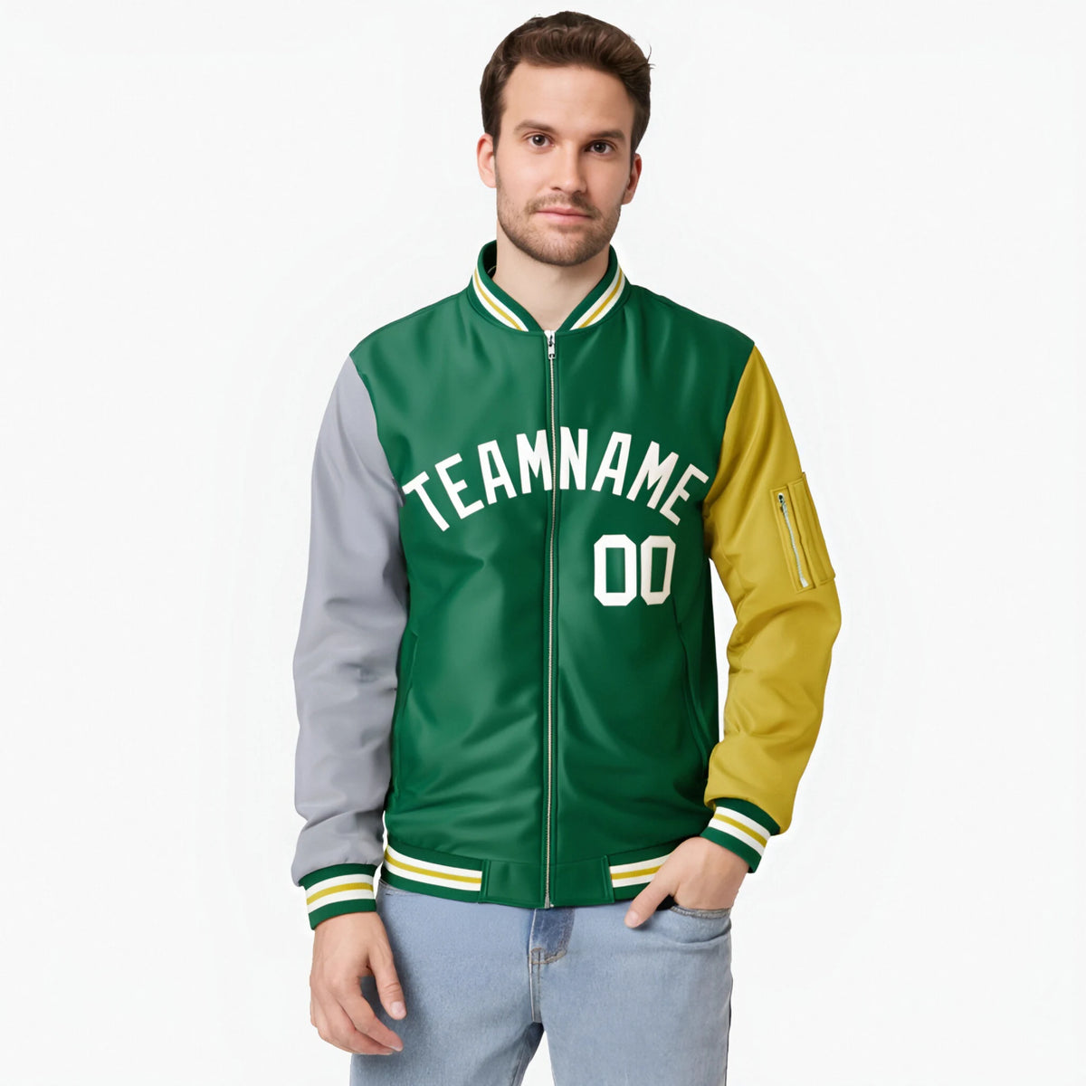 Custom Kelly Green Gold-Gray Varsity Full-Zip Raglan Sleeves Letterman Bomber Jacket