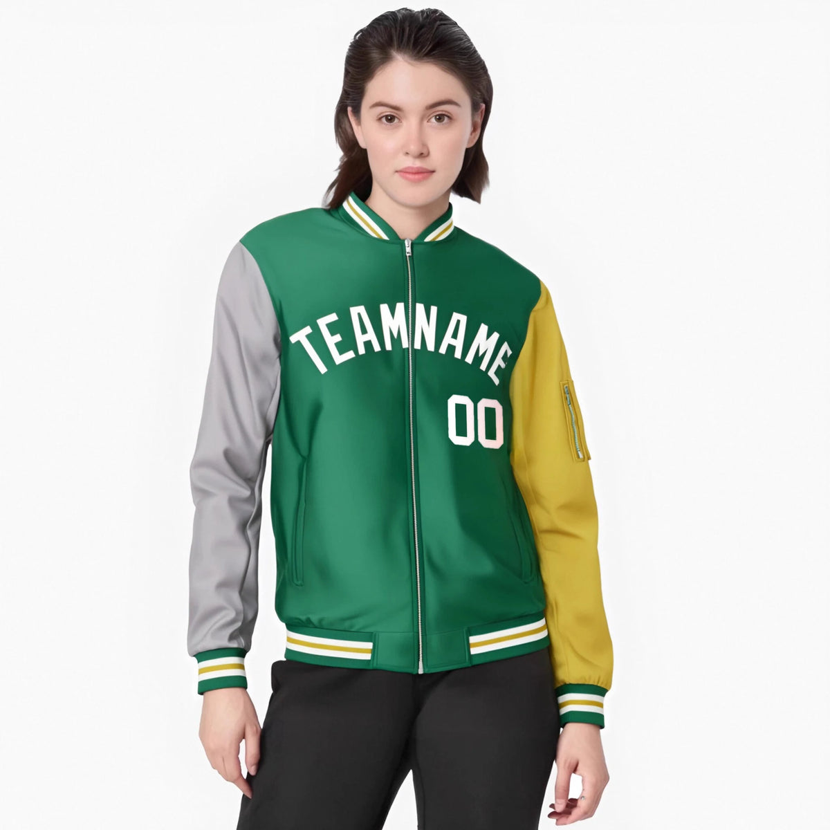 Custom Kelly Green Gold-Gray Varsity Full-Zip Raglan Sleeves Letterman Bomber Jacket