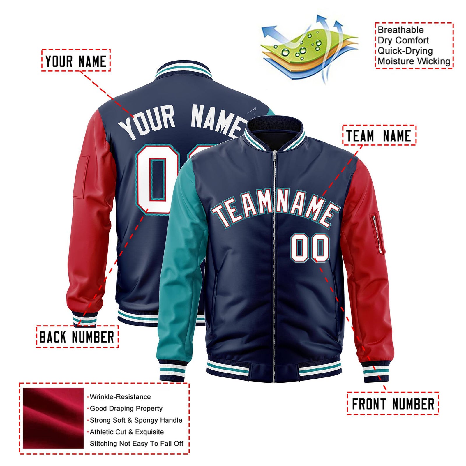 Custom Navy Red-Aqua Varsity Full-Zip Raglan Sleeves Letterman Bomber Jacket