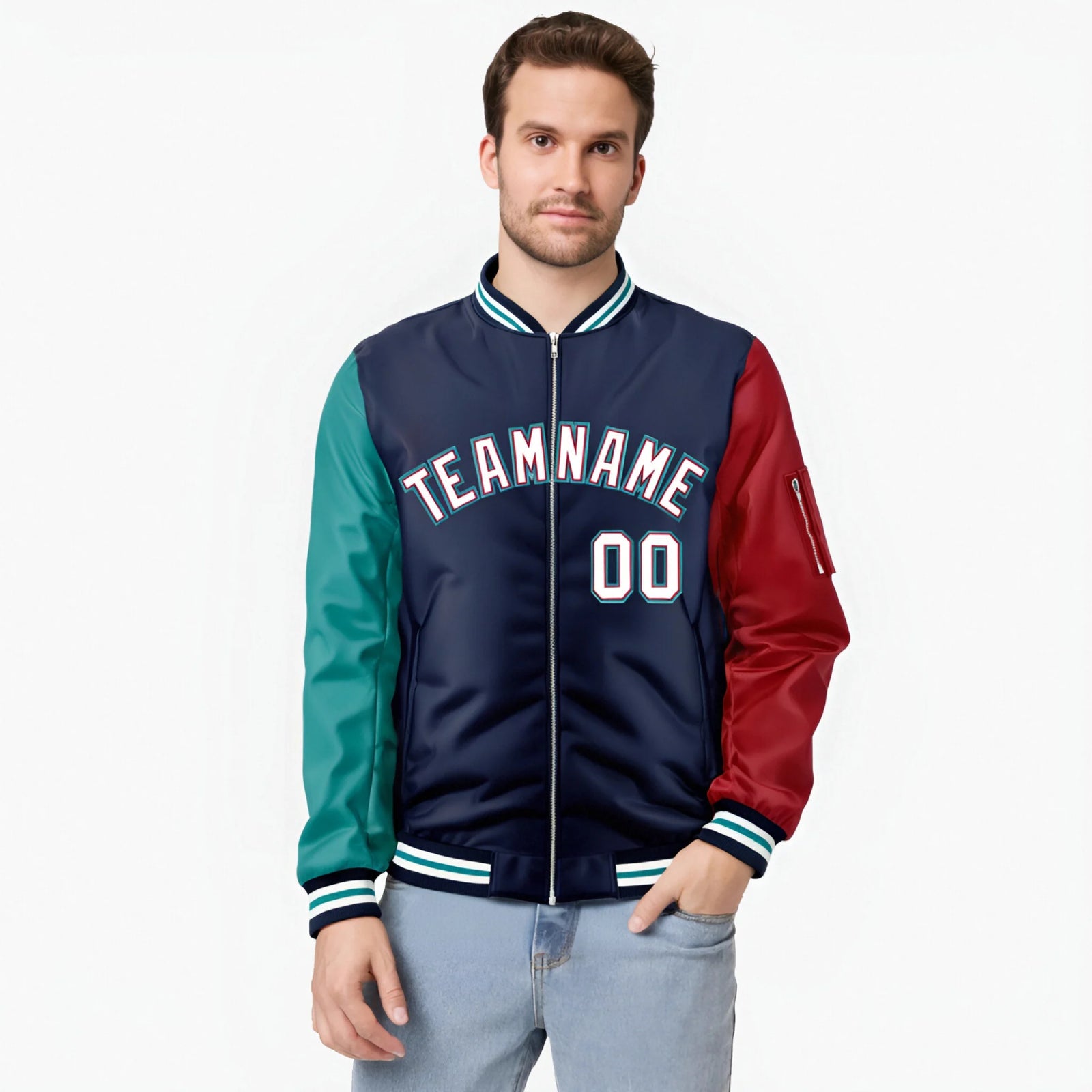 Custom Navy Red-Aqua Varsity Full-Zip Raglan Sleeves Letterman Bomber Jacket
