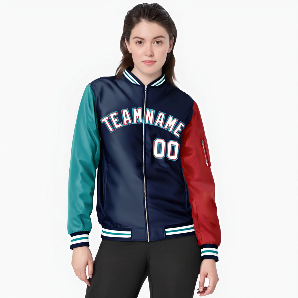 Custom Navy Red-Aqua Varsity Full-Zip Raglan Sleeves Letterman Bomber Jacket