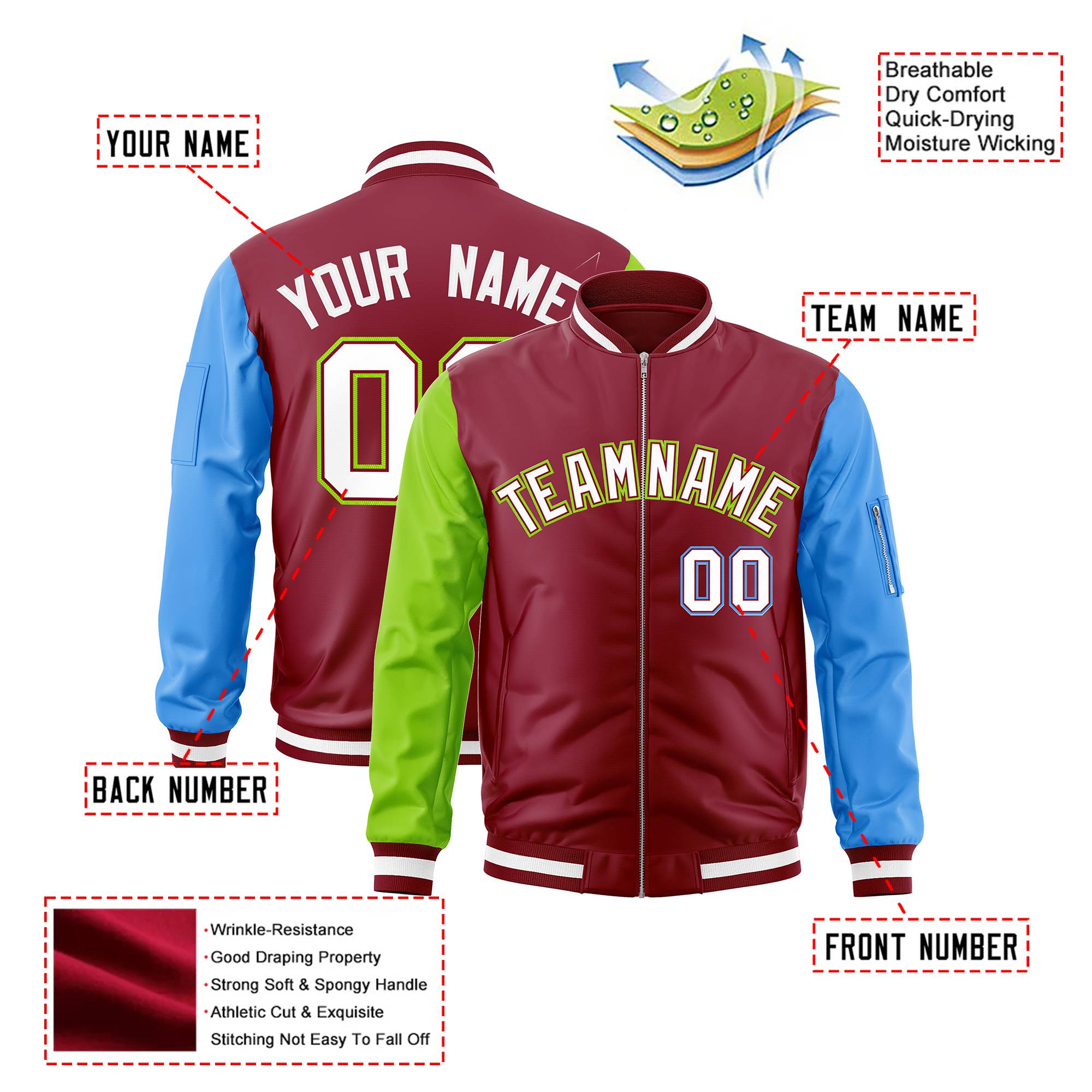 Custom Crimson Powder Blue-Neon Green Varsity Full-Zip Raglan Sleeves Letterman Bomber Jacket