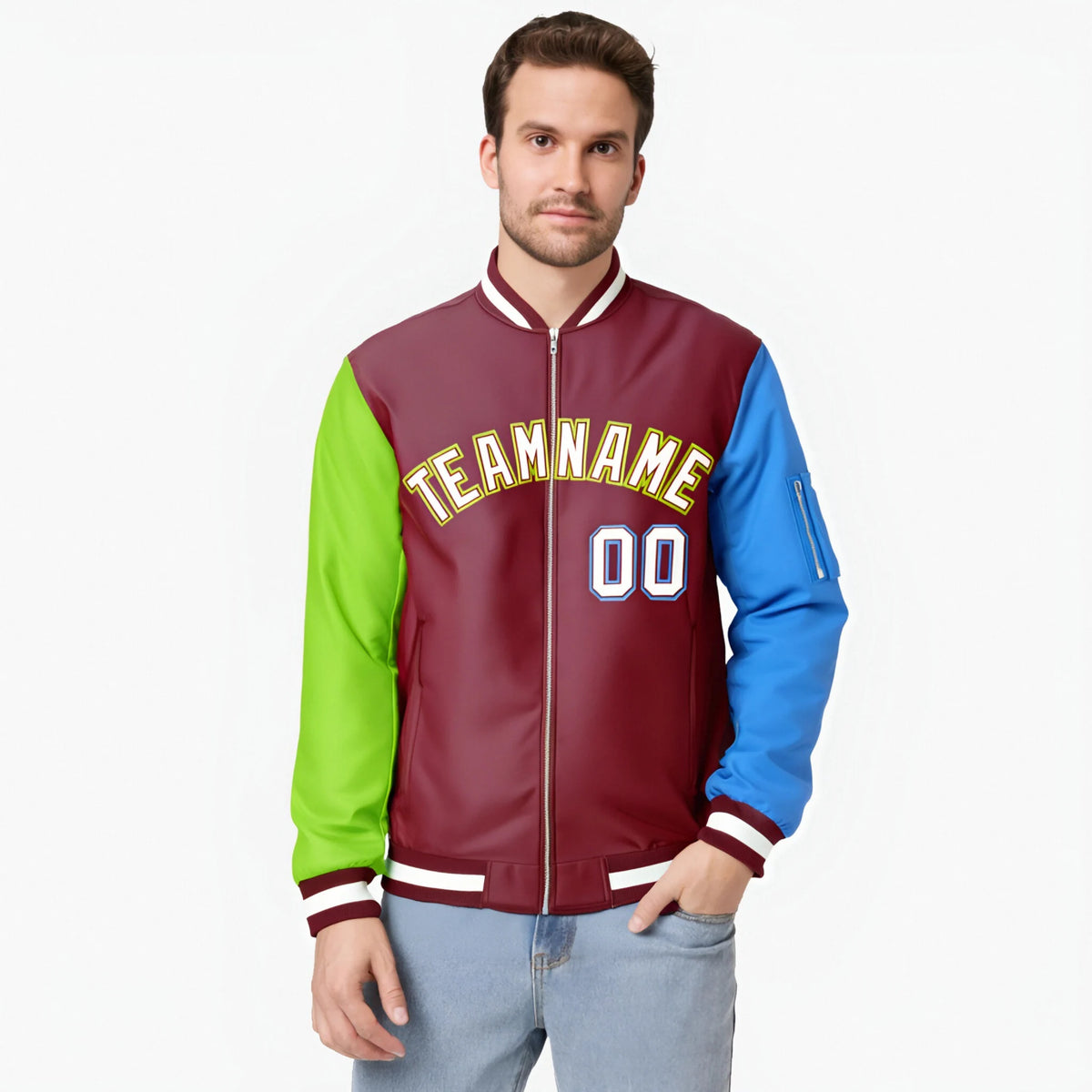 Custom Crimson Powder Blue-Neon Green Varsity Full-Zip Raglan Sleeves Letterman Bomber Jacket