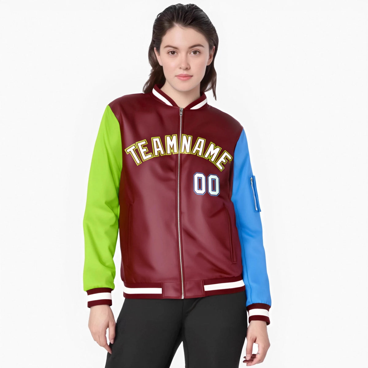 Custom Crimson Powder Blue-Neon Green Varsity Full-Zip Raglan Sleeves Letterman Bomber Jacket