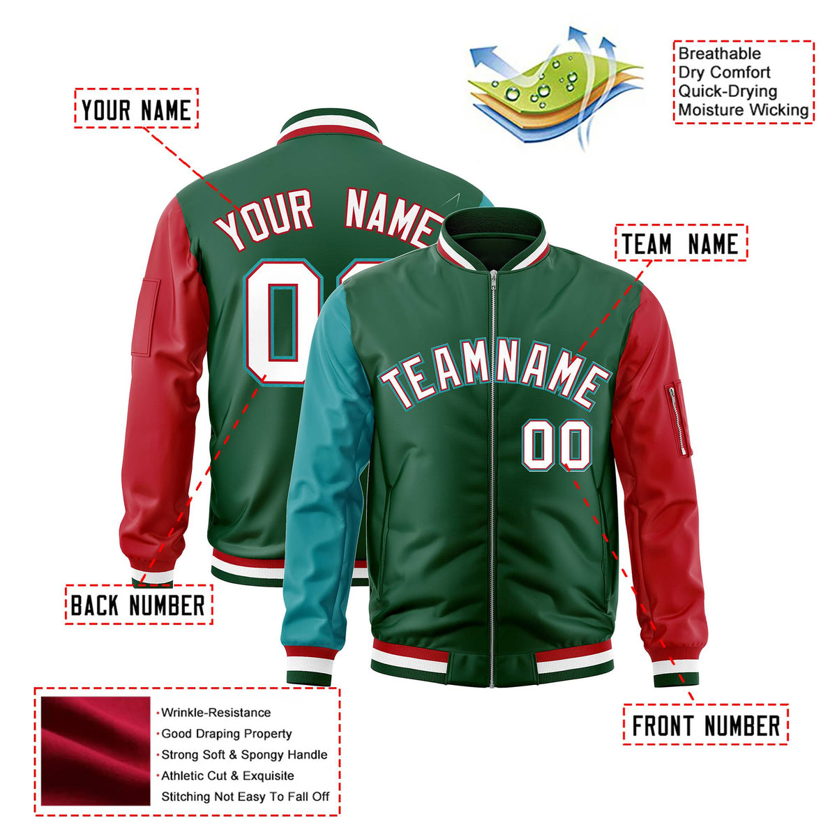 Custom Green Red-Aqua Varsity Full-Zip Raglan Sleeves Letterman Bomber Jacket
