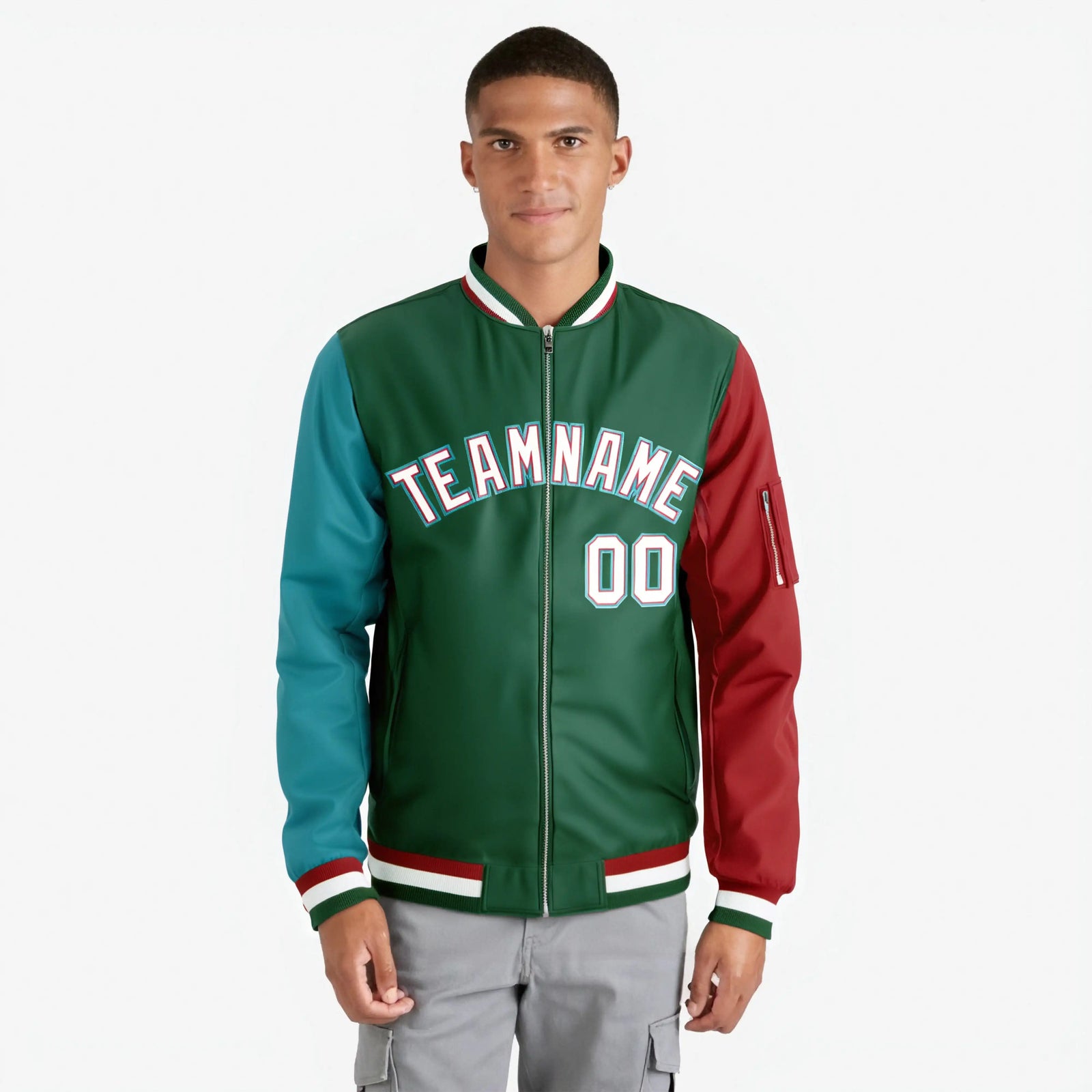 Custom Green Red-Aqua Varsity Full-Zip Raglan Sleeves Letterman Bomber Jacket