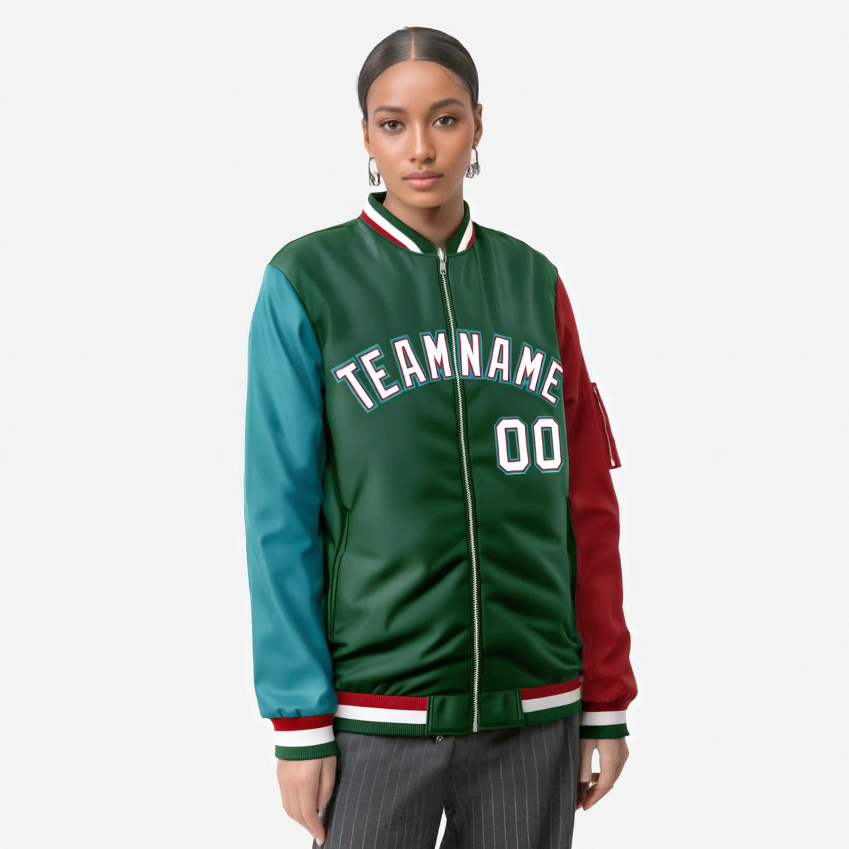 Custom Green Red-Aqua Varsity Full-Zip Raglan Sleeves Letterman Bomber Jacket