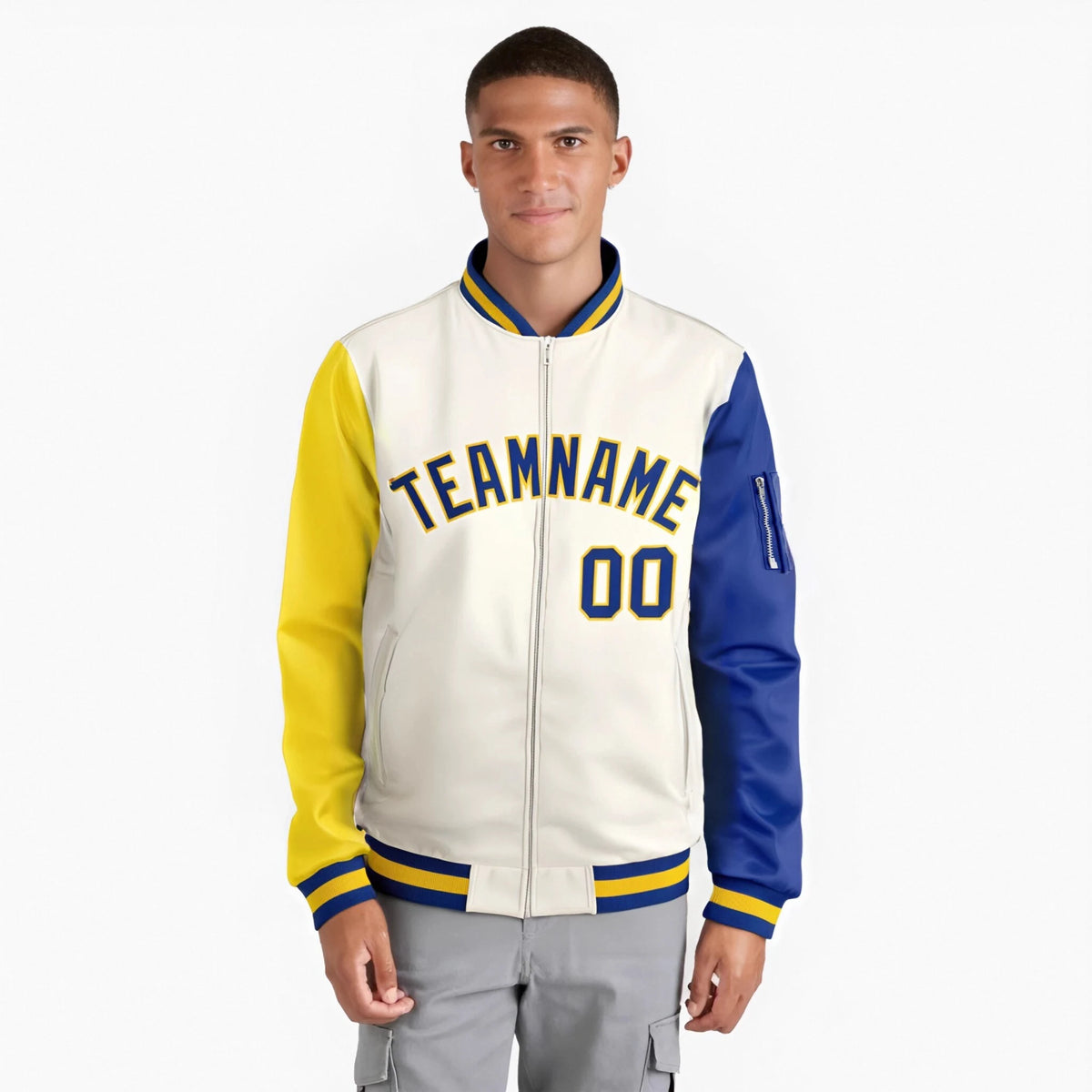 Custom Cream Royal Blue-Gold Varsity Full-Zip Raglan Sleeves Letterman Bomber Jacket