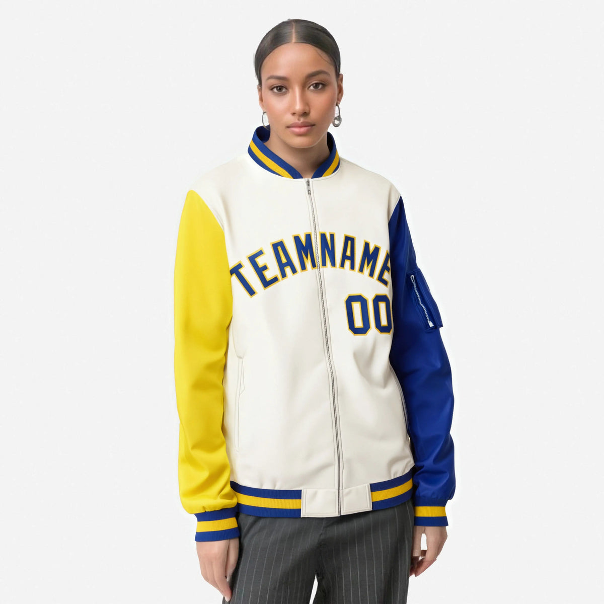 Custom Cream Royal Blue-Gold Varsity Full-Zip Raglan Sleeves Letterman Bomber Jacket