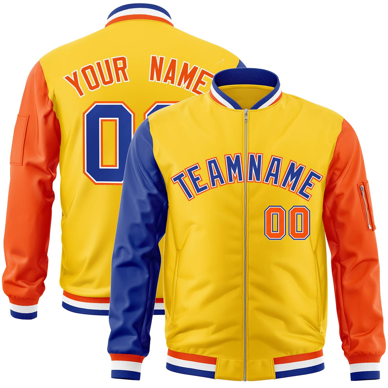 Custom Gold Orange-Royal Blue Varsity Full-Zip Raglan Sleeves Letterman Bomber Jacket