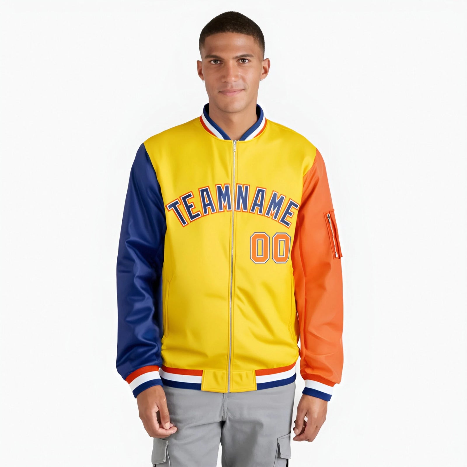 Custom Gold Orange-Royal Blue Varsity Full-Zip Raglan Sleeves Letterman Bomber Jacket