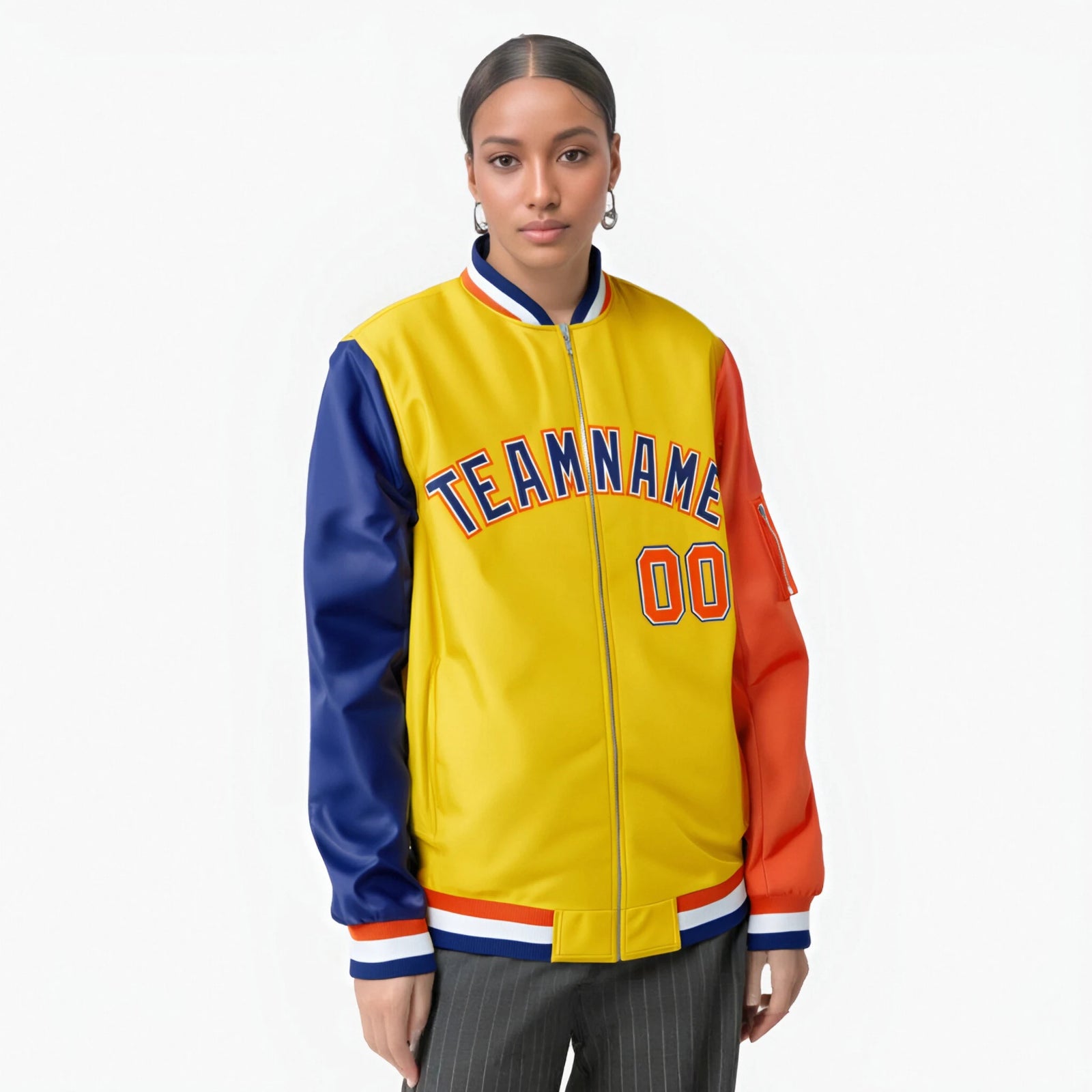 Custom Gold Orange-Royal Blue Varsity Full-Zip Raglan Sleeves Letterman Bomber Jacket