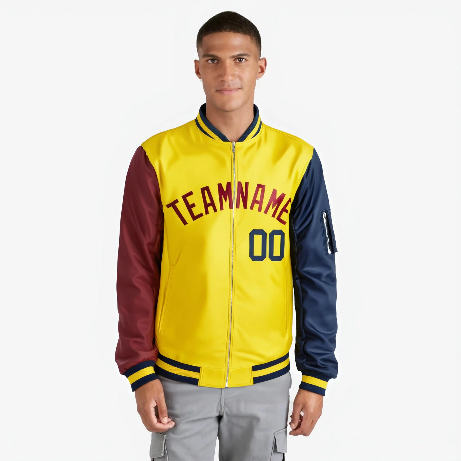 Custom Gold Navy-Crimson Varsity Full-Zip Raglan Sleeves Letterman Bomber Jacket